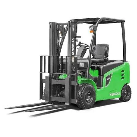 Green and black forklift with forks extended forward