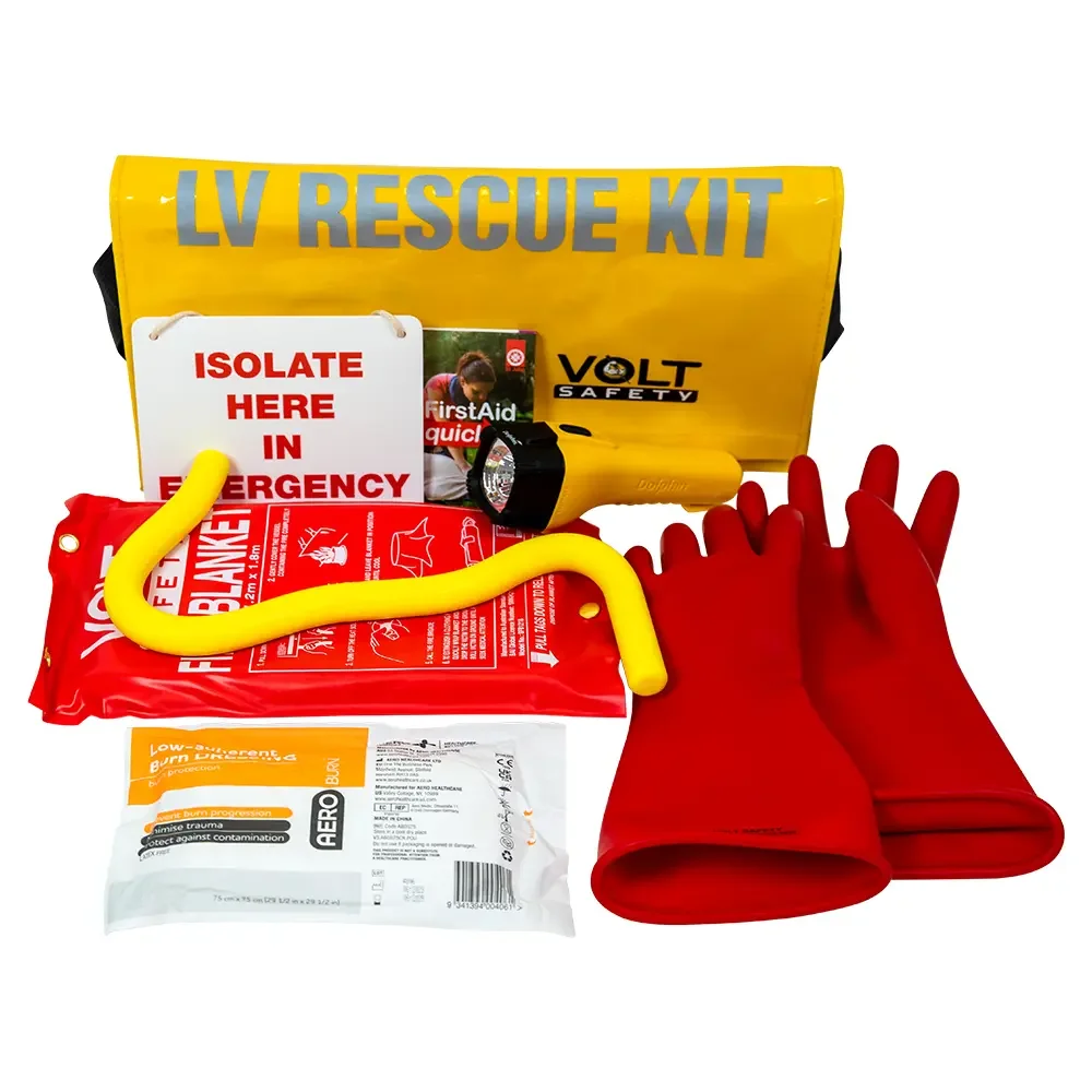 LV rescue kit with red rubber gloves, yellow tubing, emergency blanket, flashlight, first aid sign, and other medical supplies.