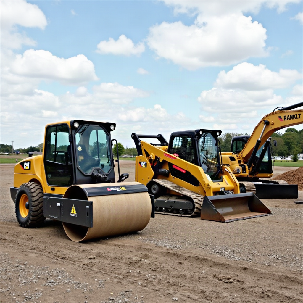 Construction equipment including a roller, skid steer, and an excavator.