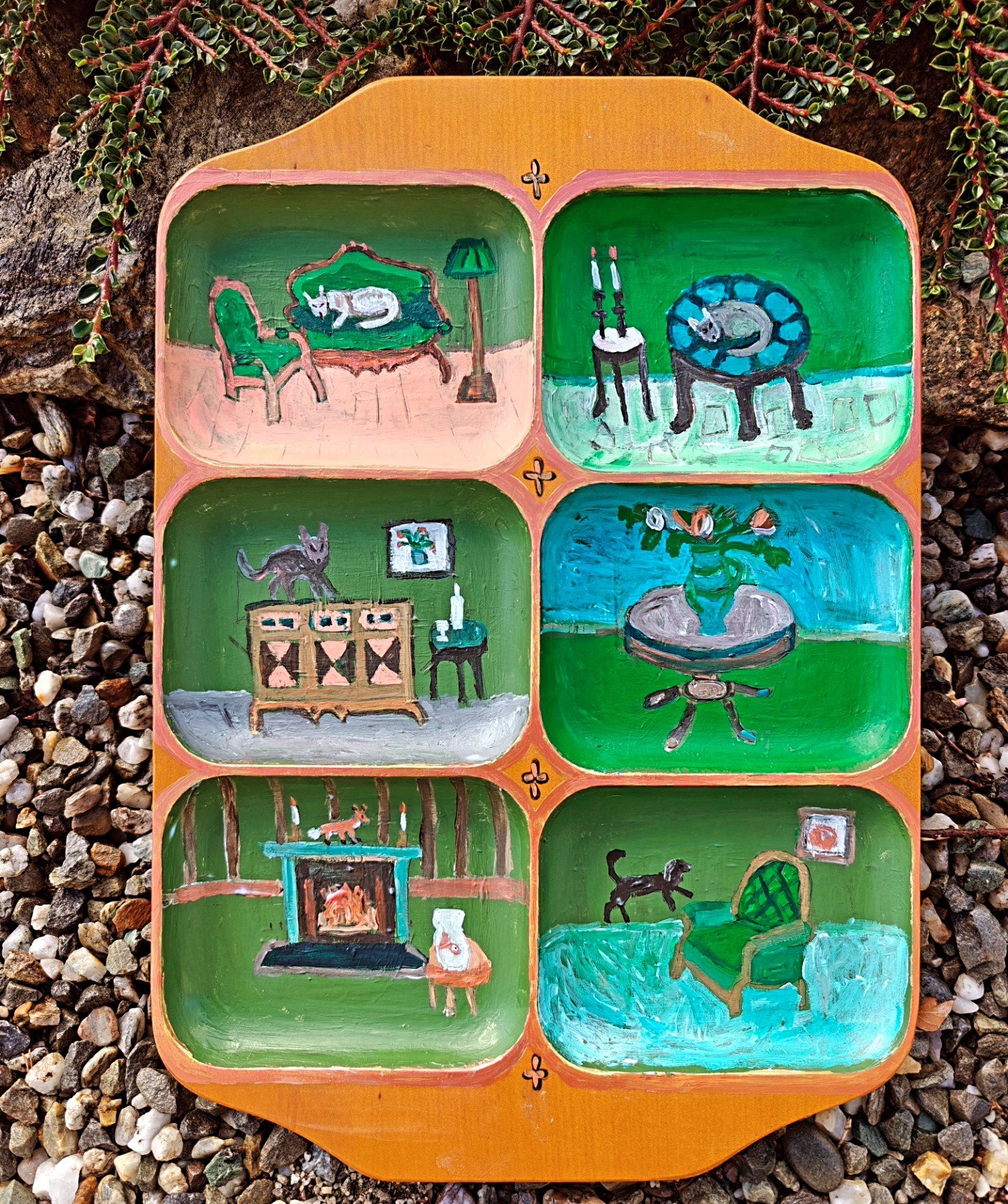 acrylic on found wooden tray
