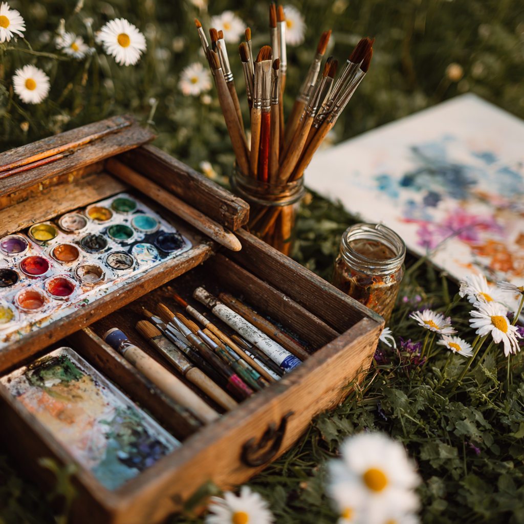calsahhim_close_up_of_art_supplies_and_wood_on_grass_with_flowe_3f5ae2a2-2657-4e19-acf7-f98817f3d9f5.png