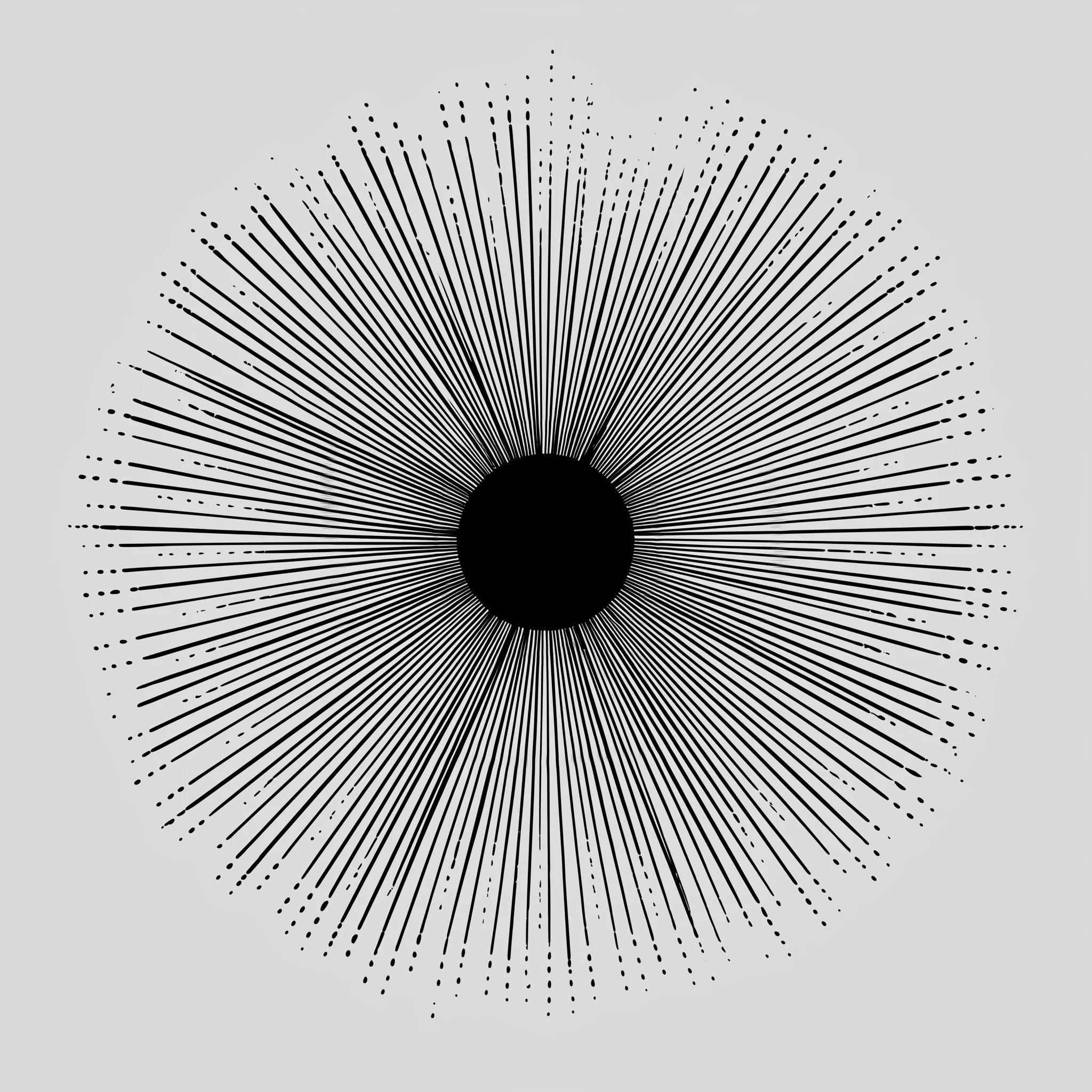 Zwart-witte abstracte geometric afbeelding met een centraal zwarte cirkel en radiërende lijnen en stippen eromheen.