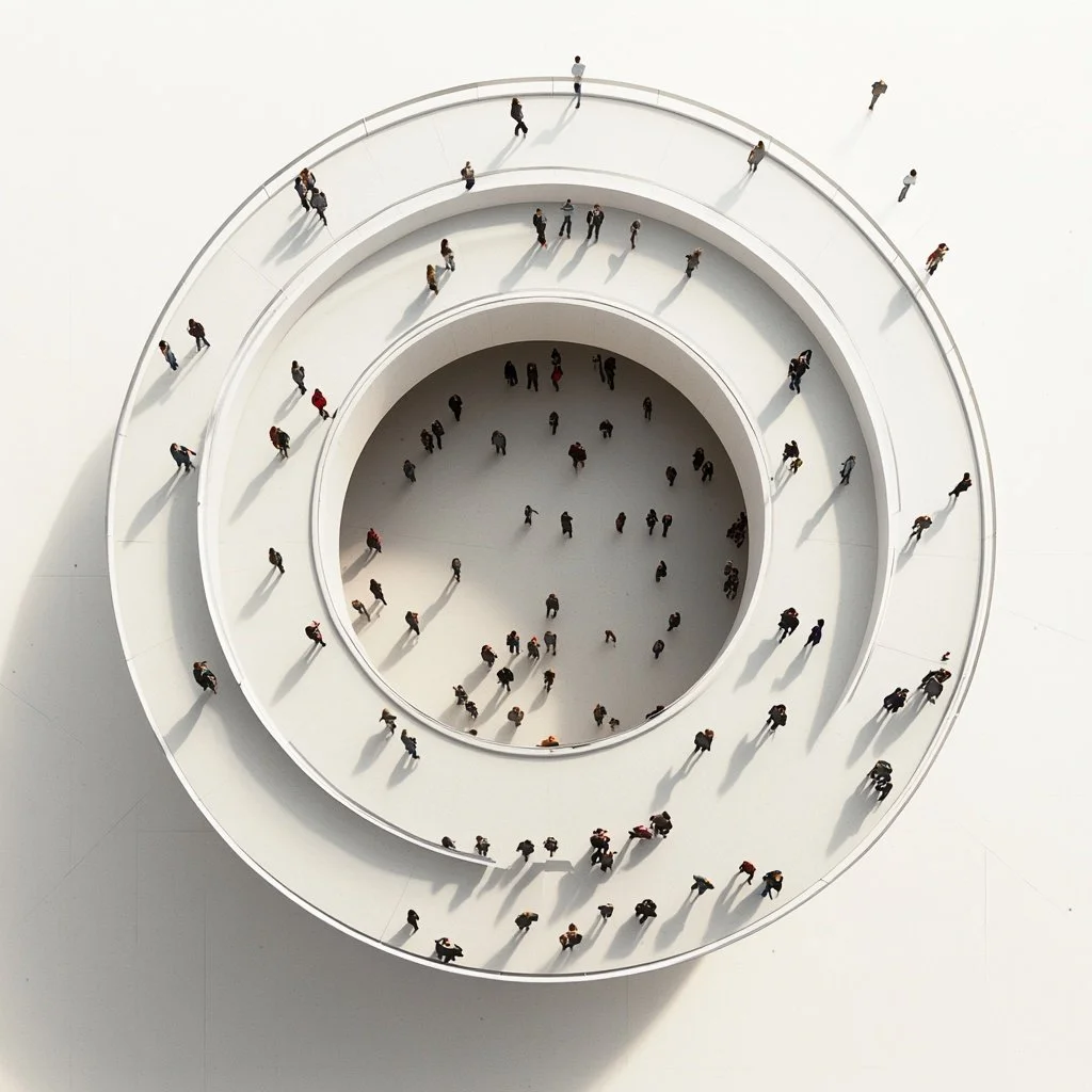 Mensen die lopen op een spiraalvormige wit trede met open centrum, vanaf boven gezien.