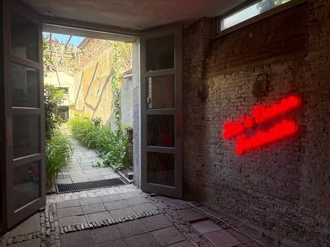 Binnenzicht van een kamer met open deuren naar een tuin met planten en een pad, en een rood licht of tekst op de muur.