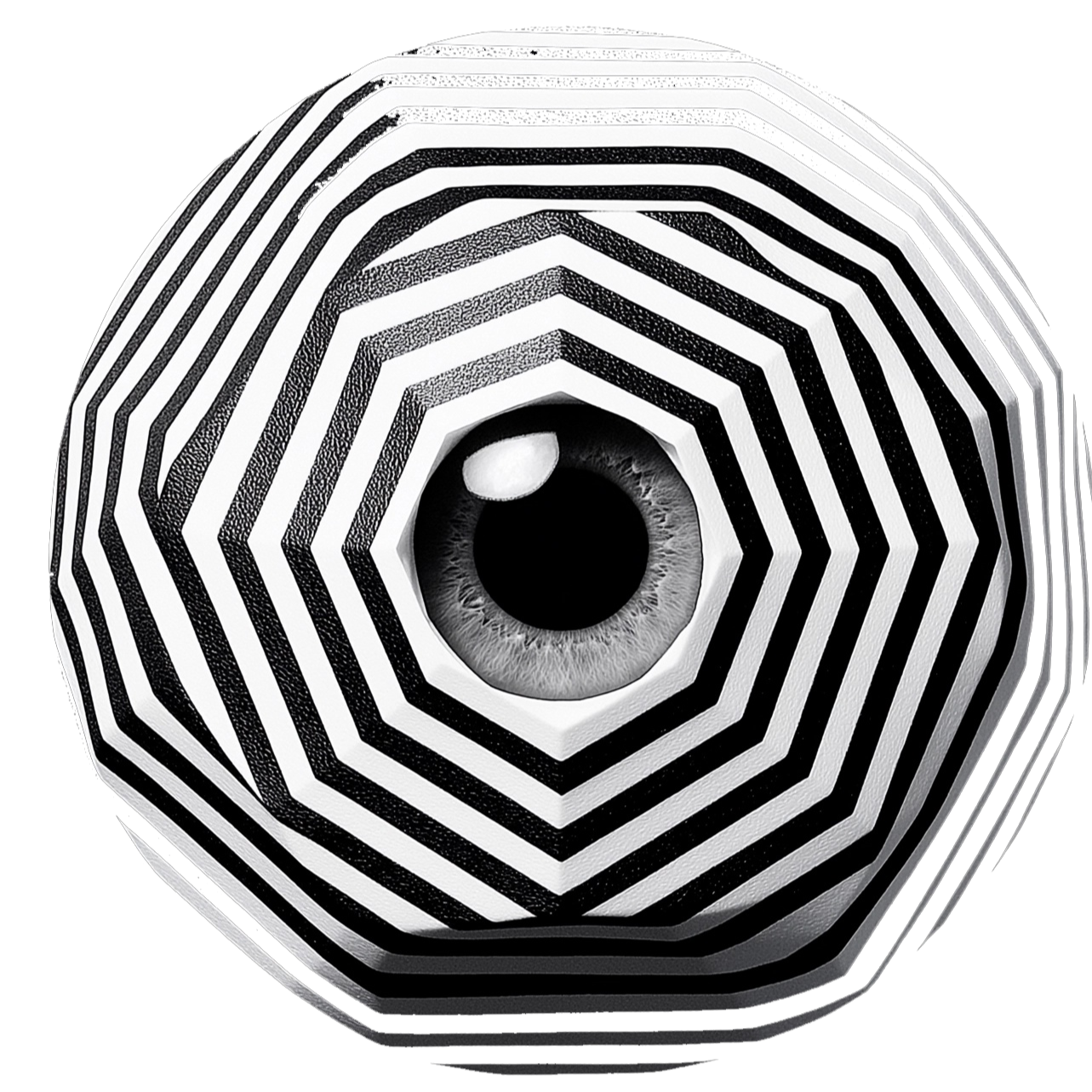 Zwart-wit illustratie met een grote menselijke oog in het midden, omringd door zwarte en witte concentristische lijnen die een hypnotiserend effect creëren.