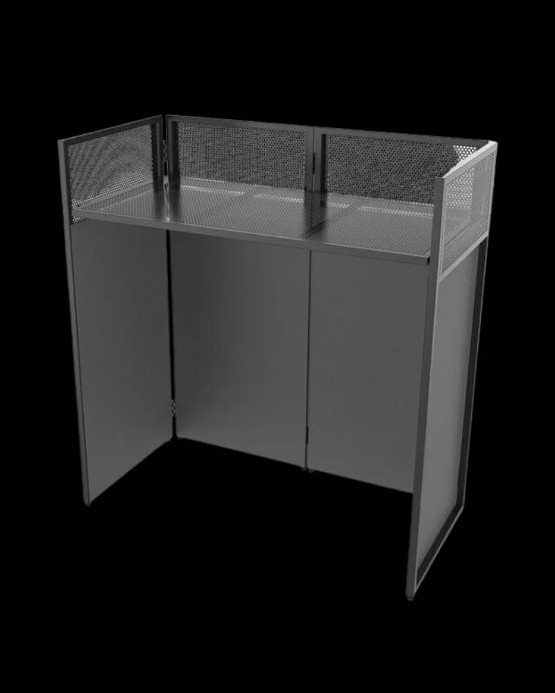 Angled view of Gorilla DBS Lite compact foldable DJ booth for mobile events