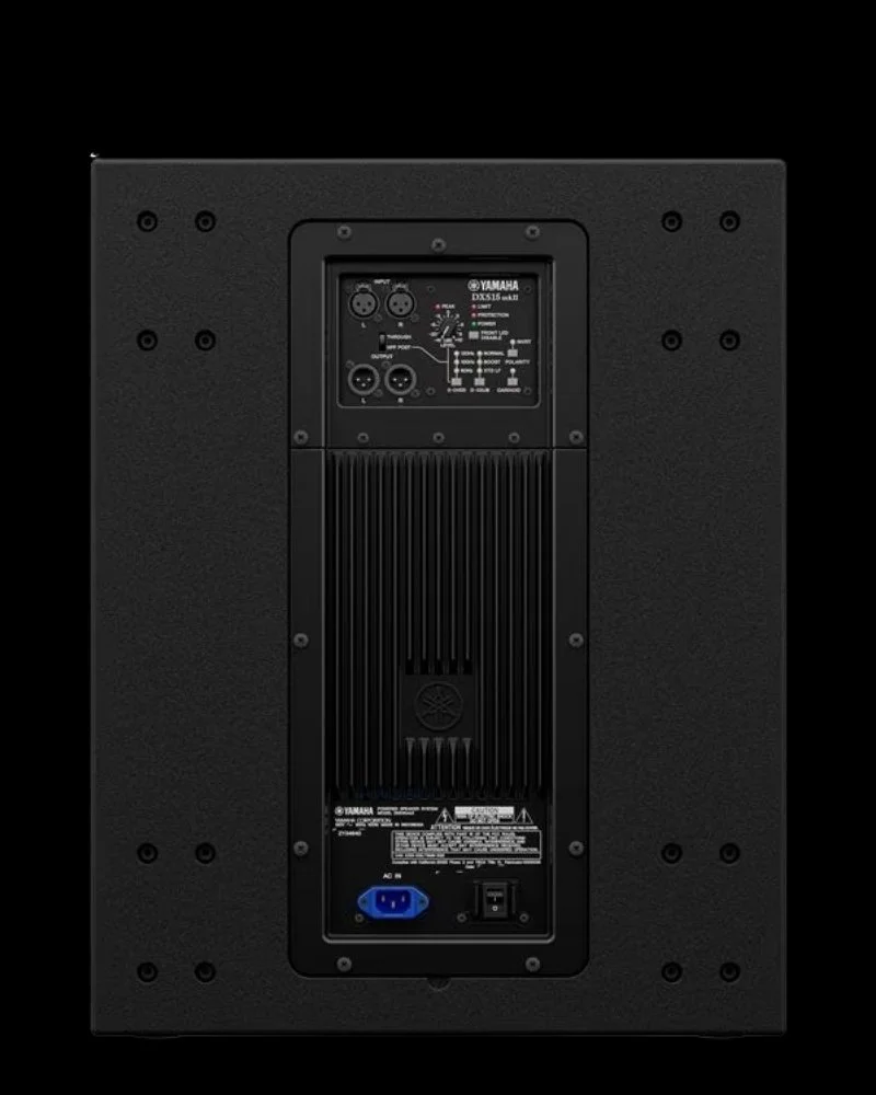 Rear view of Yamaha DXS15 MKII showing inputs, controls and power connection