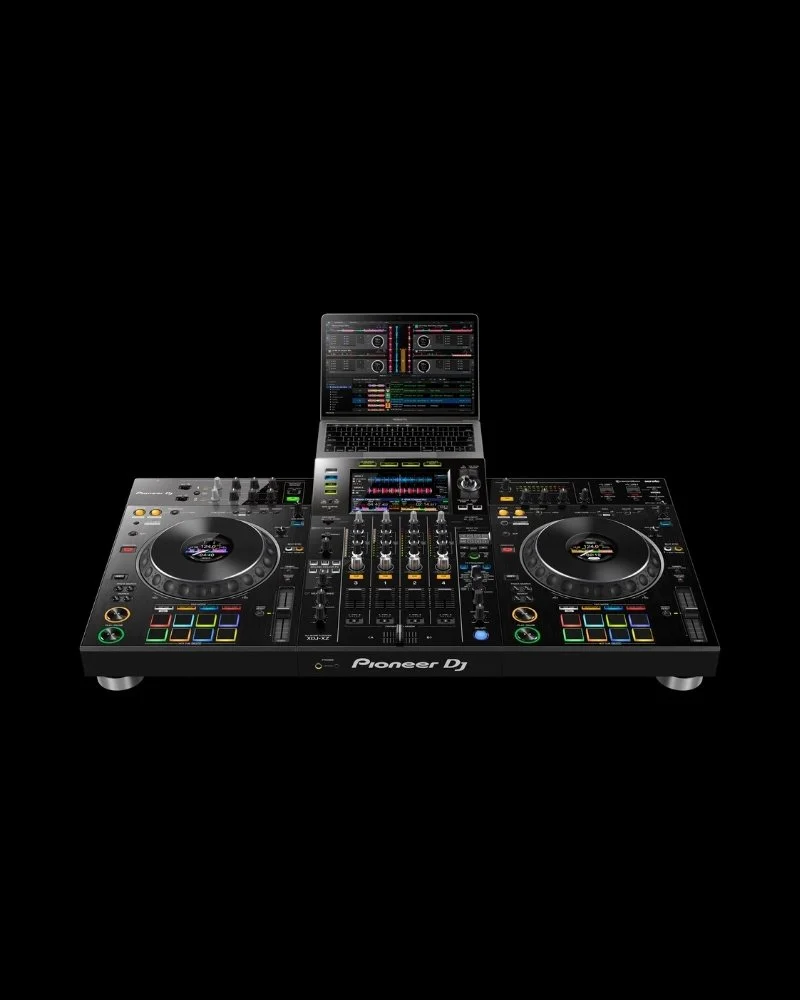 Front view of Pioneer XDJ-XZ all-in-one DJ controller (with example laptop) for rental