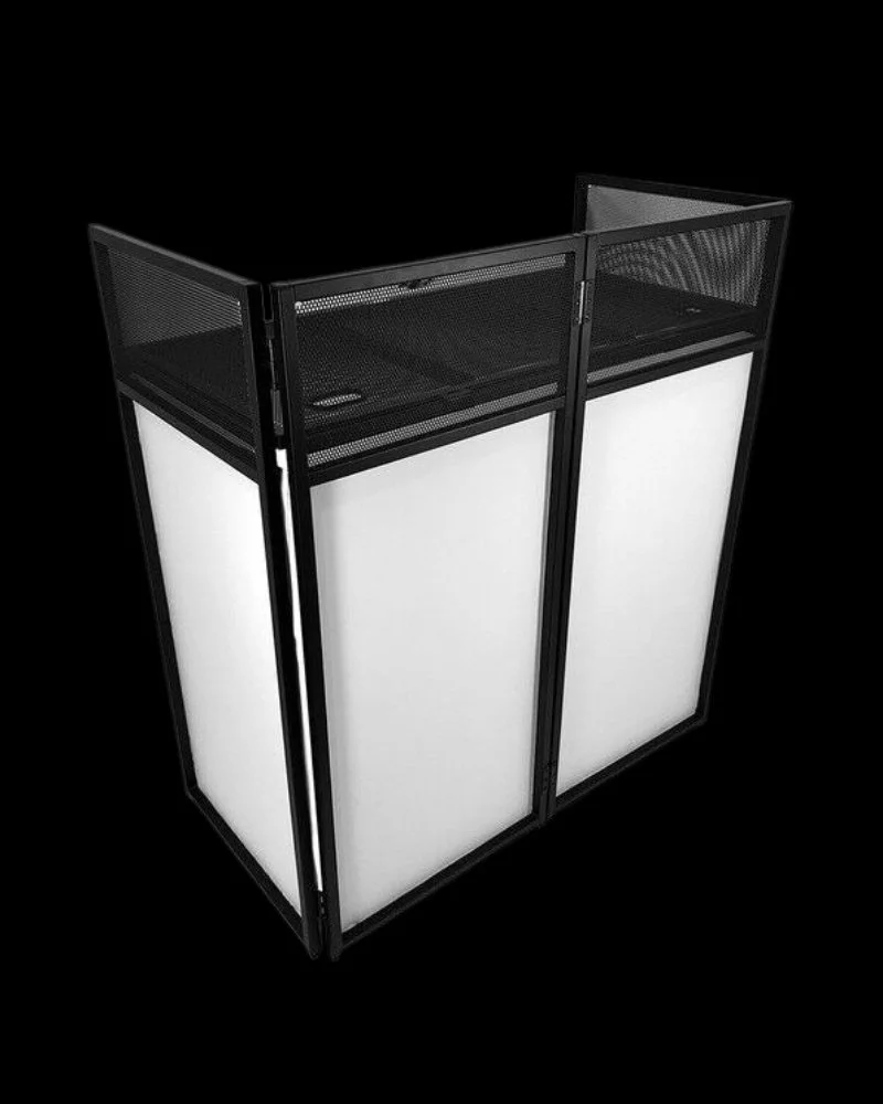 Gorilla DBS Lite DJ booth with vented metal shelf and lycra cloths available to hire