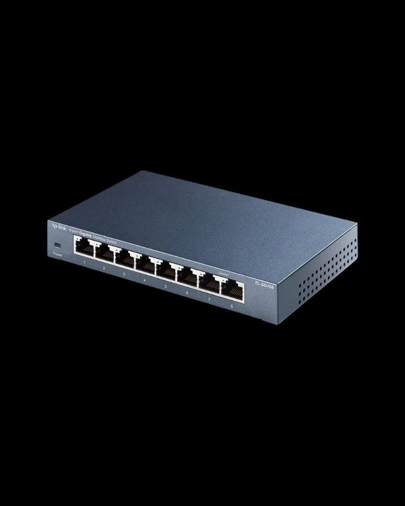 Angled view of TP-Link TL-SG108 unmanaged gigabit switch available to rent