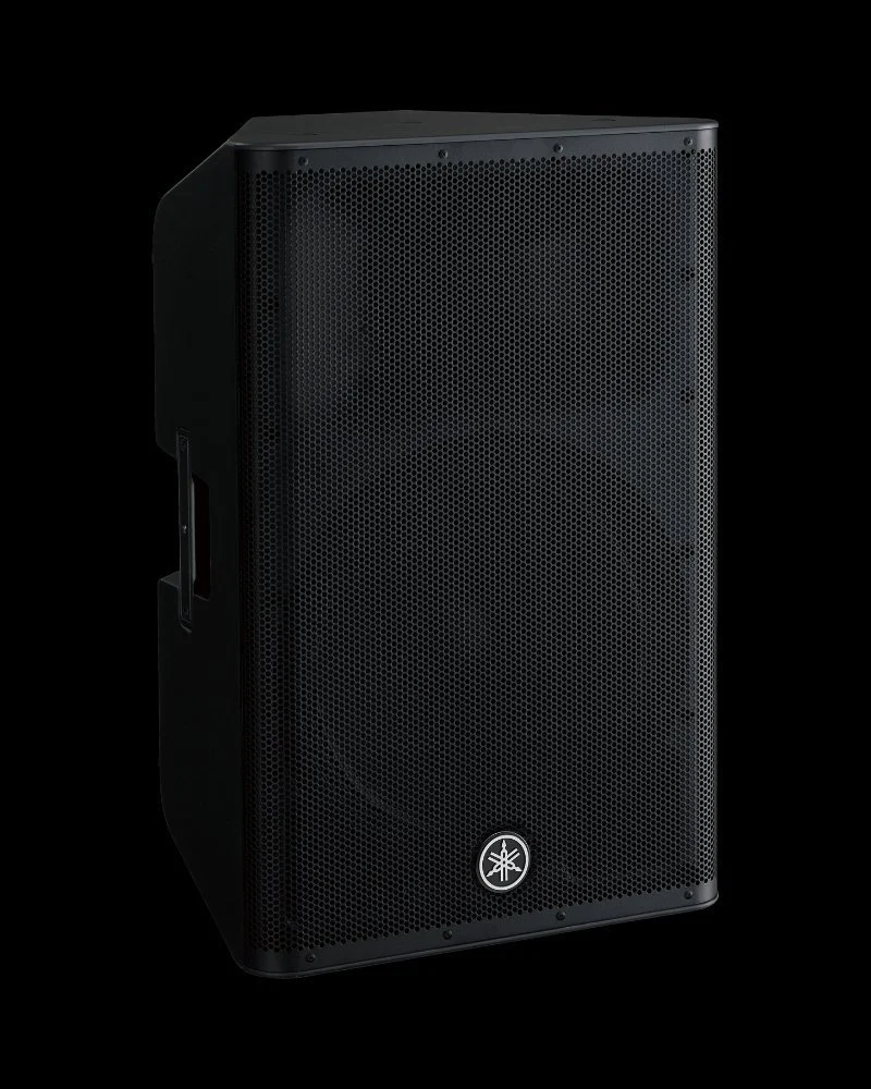 Angled view of Yamaha DXR15 MKII powered loudspeaker for rental