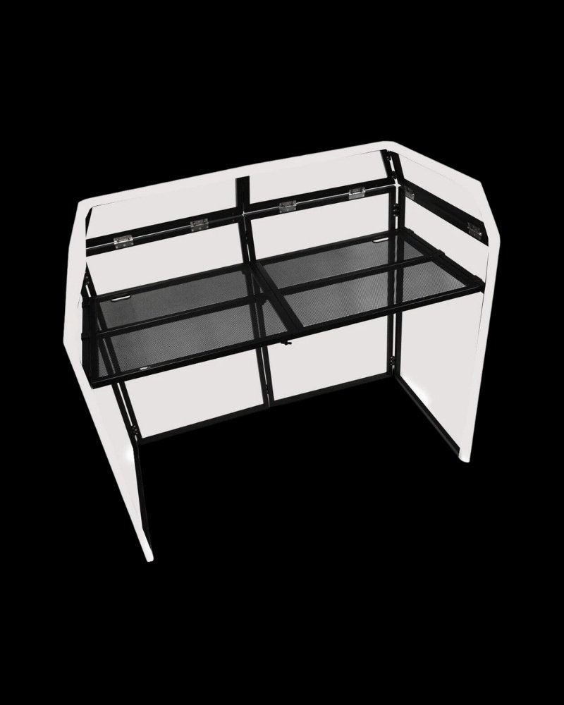 Gorilla DBS Pro DJ booth with black and white lycra scrims and vented metal shelf available to hire