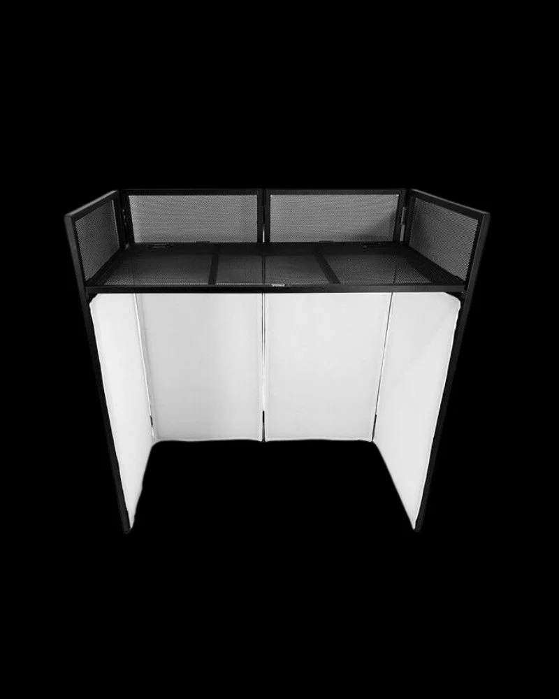 Rear view of Gorilla DBS Lite DJ booth showing metal frame, shelf and cable access