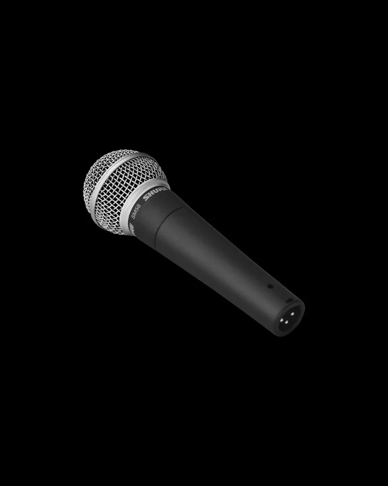 Angled view of Shure SM58 wired vocal microphone for rental