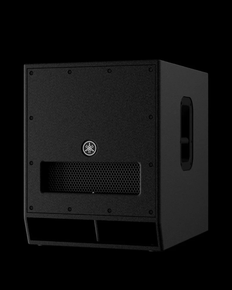 Angled view of Yamaha DXS15 MKII powered subwoofer for rental