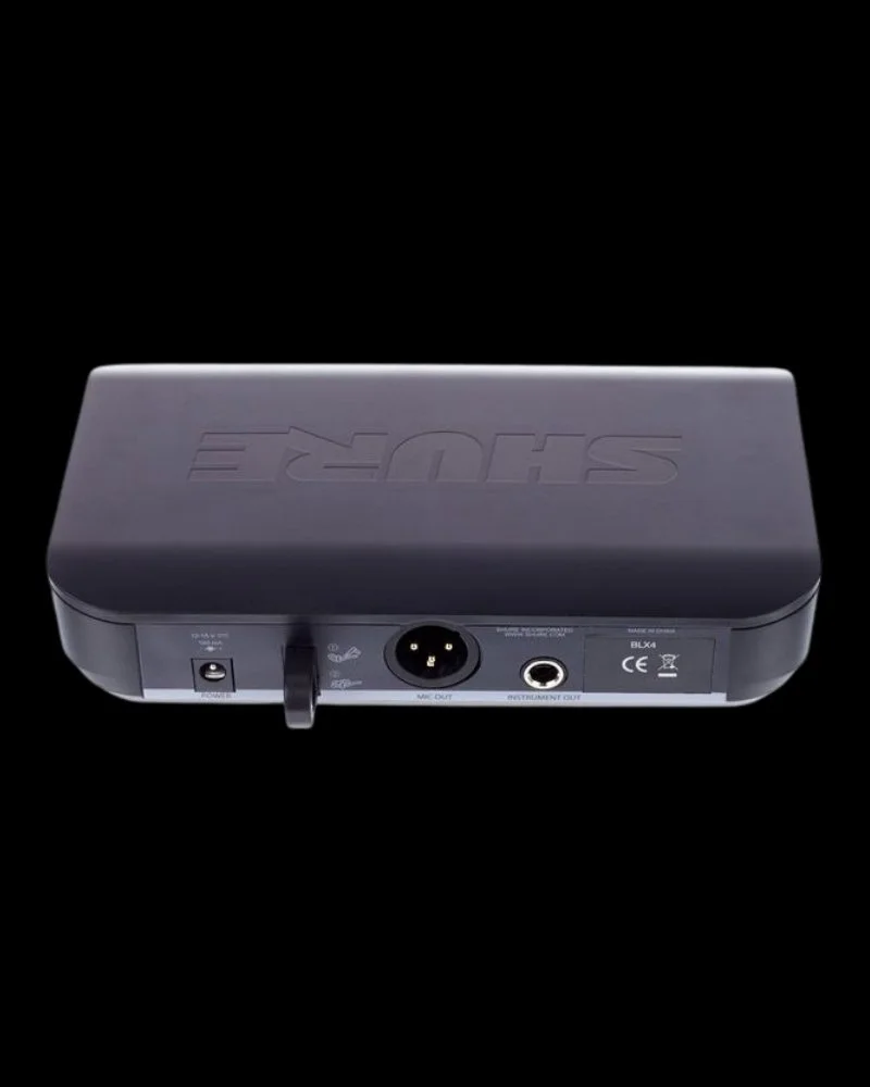 Rear view of Shure BLX24/Beta58 K14 receiver showing audio outputs and antenna