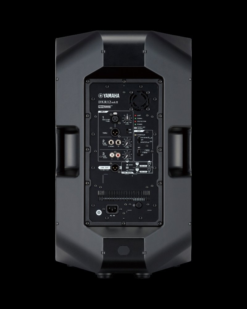 Rear view of Yamaha DXR12 MKII showing inputs, controls and power connection