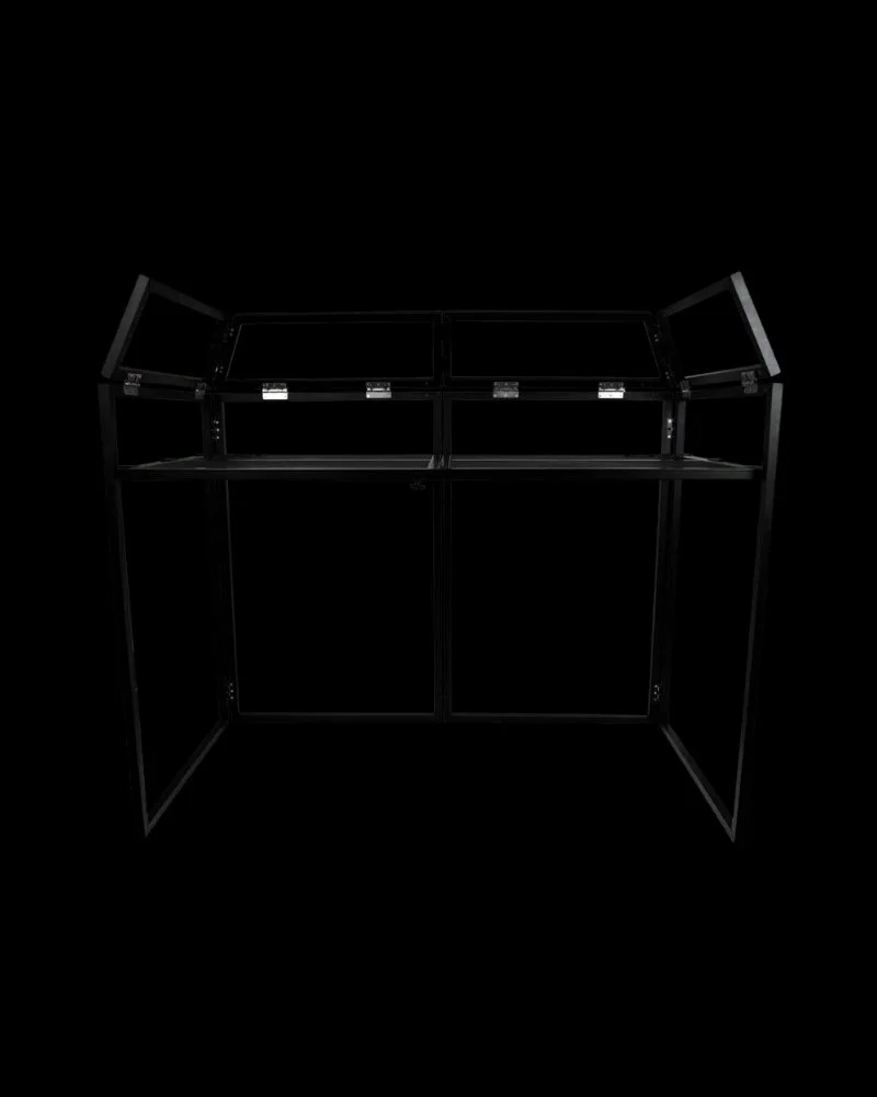 Rear view of Gorilla DBS Pro DJ booth showing aluminium frame, equipment shelf and cable access