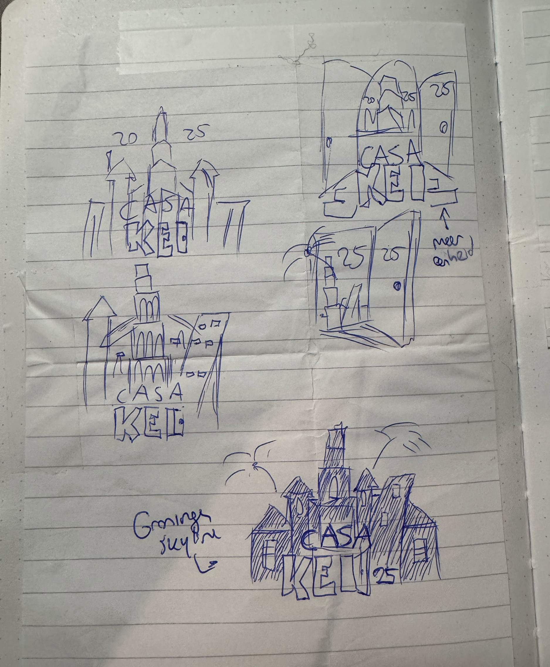 Een experimenteel ontwerp waarbij ik meerdere gebouwen uit de stad Groningen tot een grote mansion wou uitbeelden. Dit is een schets waar ik later op terugkom in dit proces.