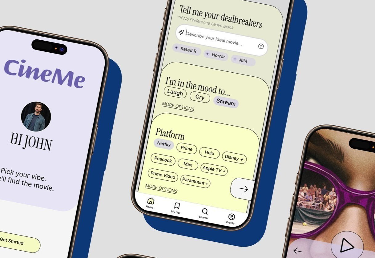 Smartphones displaying CineMe app interface with movie search features including mood and platform options.