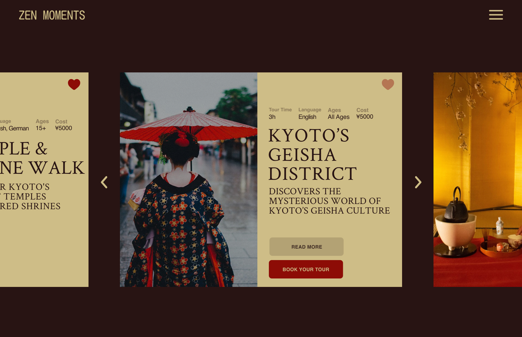 Brochure advertising Kyoto's Geisha District tour, featuring a geisha with a red umbrella, tour details, and costs.