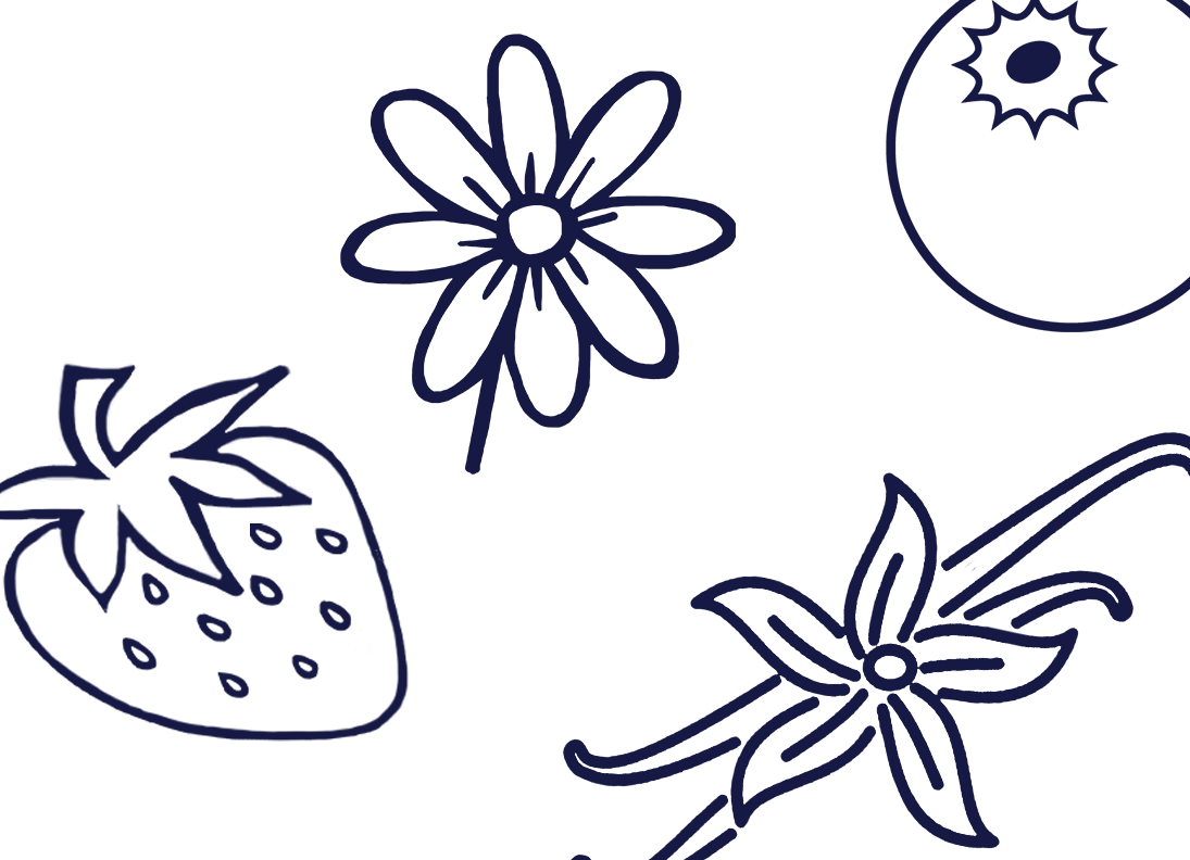 Abstract floral design with dark navy outlines of flowers and shapes on a light background.