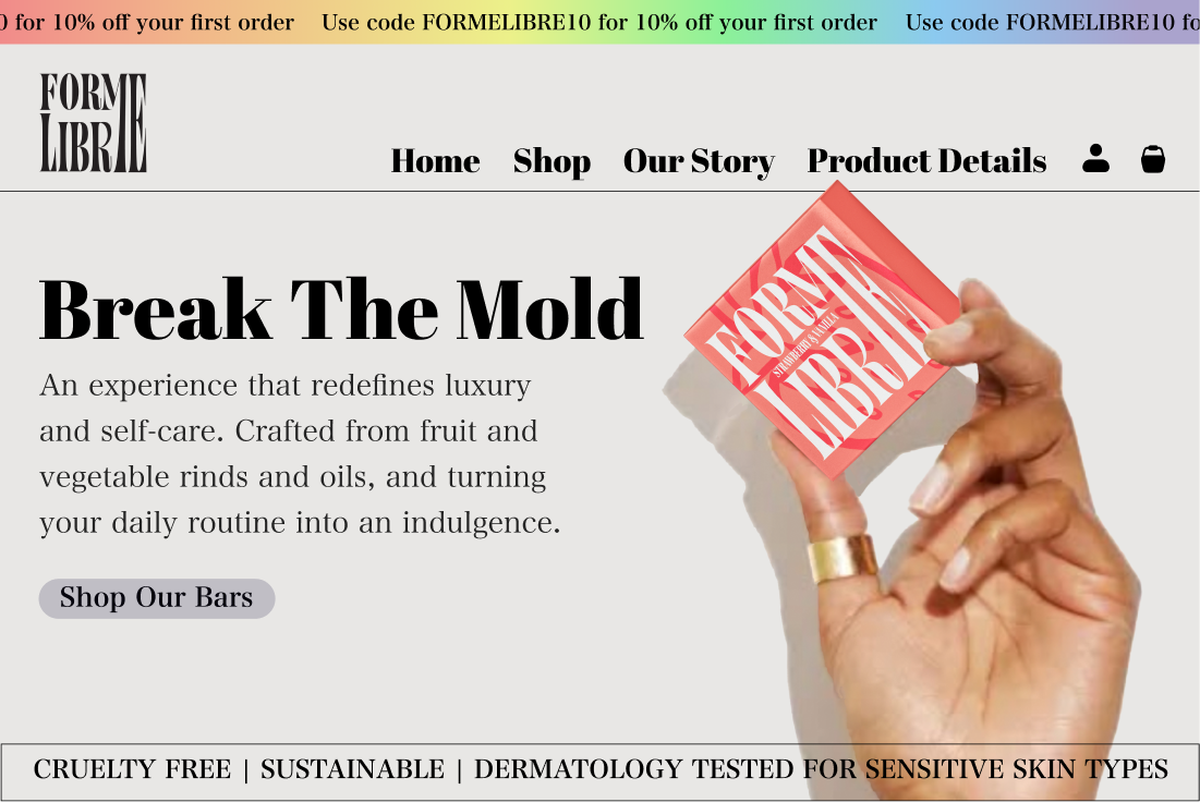 Hand holding Forme Libre product with text promoting luxury self-care items made from natural ingredients.
