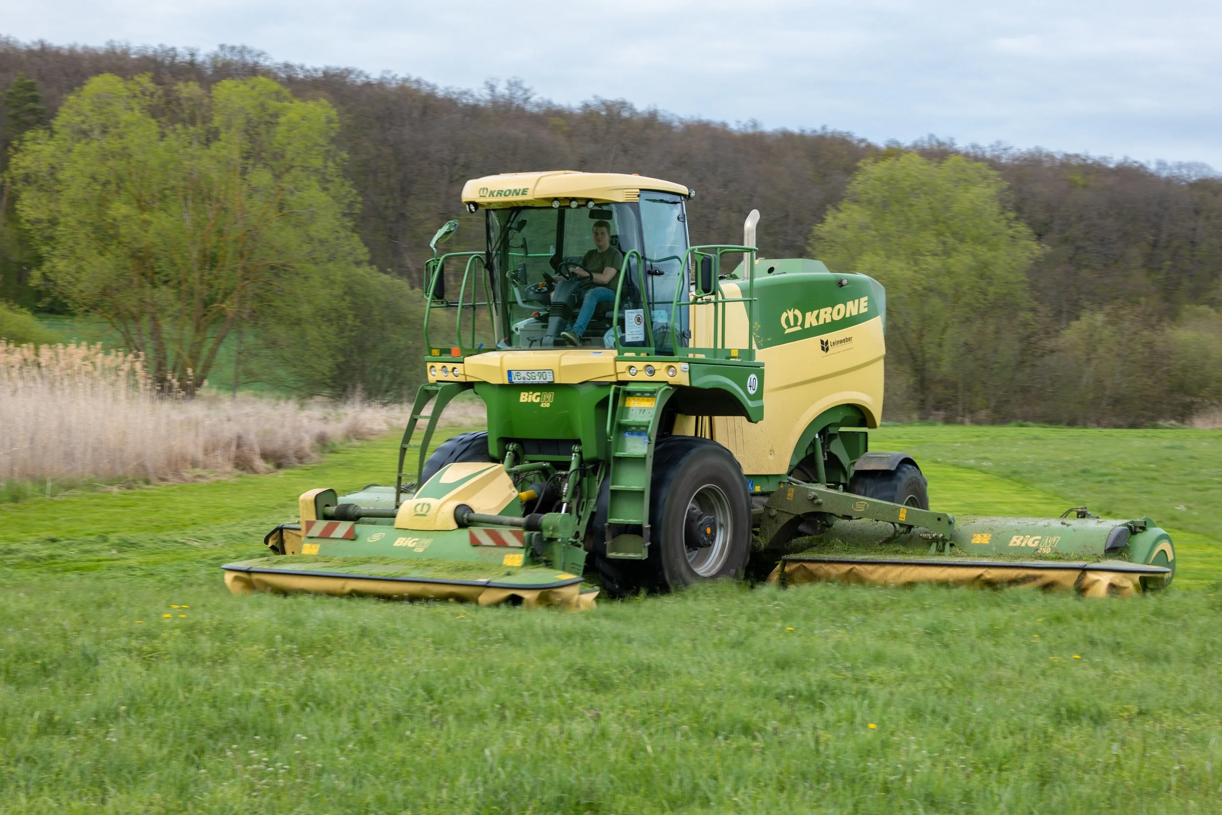 Eine KRONE Mähmaschine mäht ein grünes Feld mit Bäumen im Hintergrund.