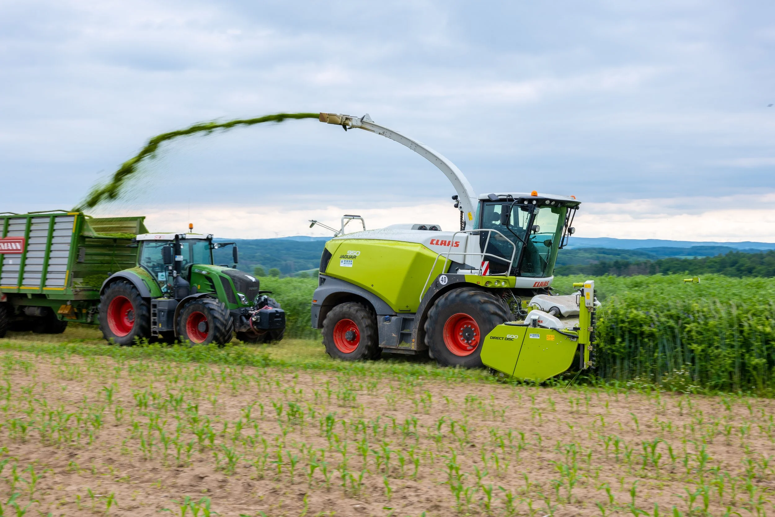 Erntemaschinen arbeiten auf einem Feld, ein Traktor mit Anhänger und ein Maishäcksler sind im Einsatz.