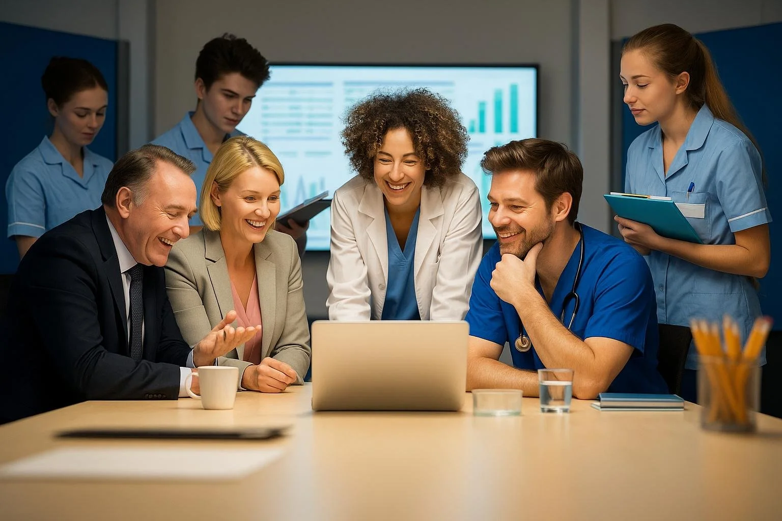 Gruppo di professionisti in una riunione, alcuni in abiti medici, attorno a un tavolo con un laptop. Sfondo di una sala conferenze con schermo.