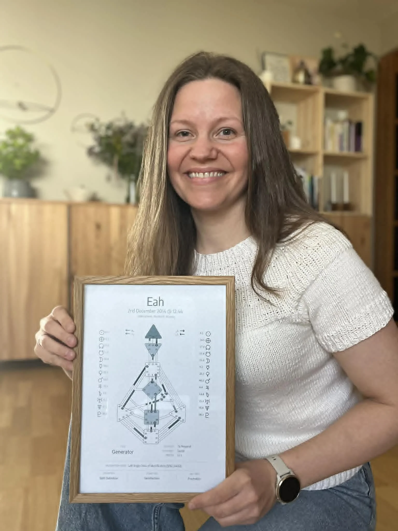 Kvinne som smiler med bilde av et human design kart.