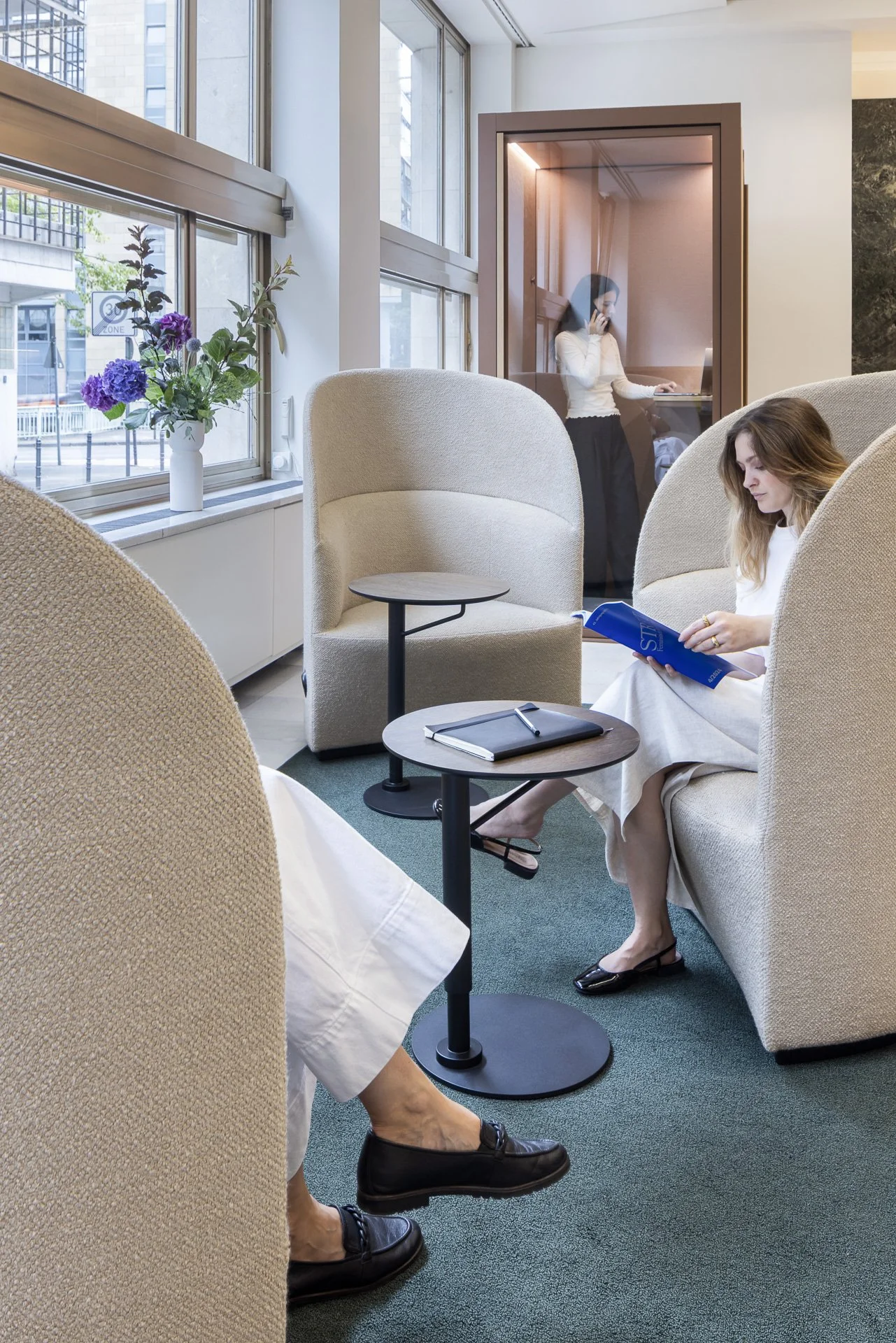 Sessel, grüner Teppich, Frau liest, Blumen auf Fensterbank