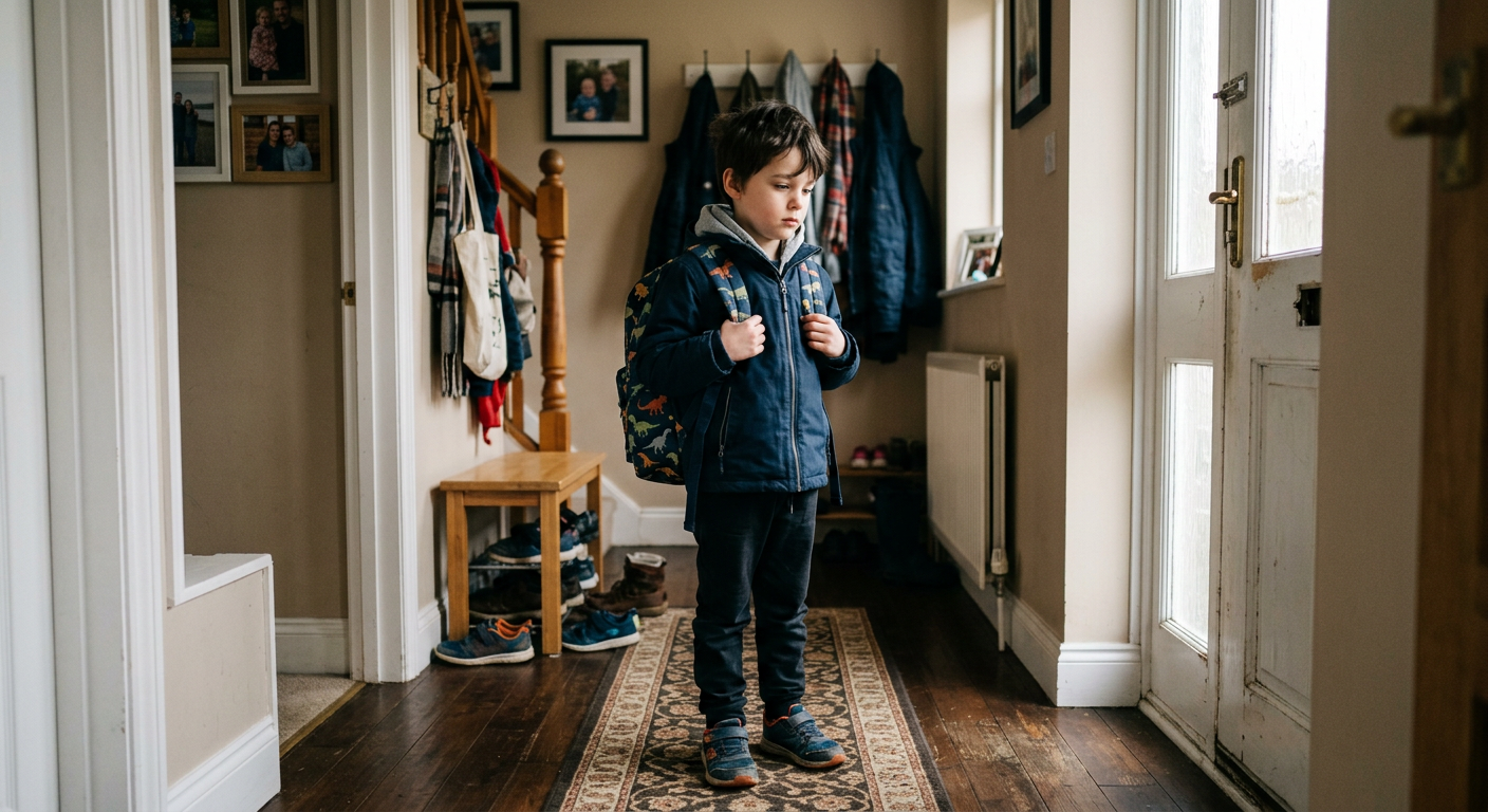 Firefly_Gemini Flash_Authentic documentary-style photo of an 8-year-old child standing in a hallway at hom 800254.png