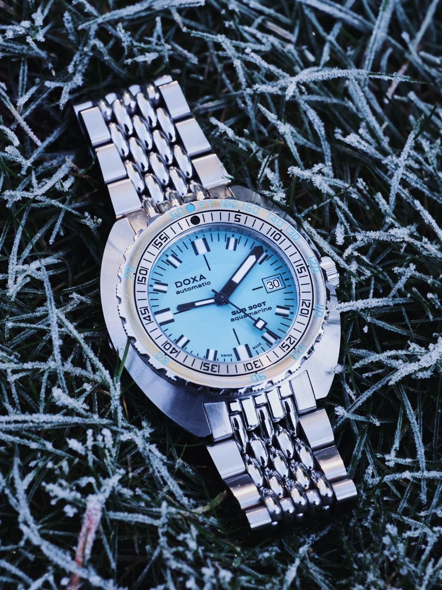 🩵The @doxawatchesofficial Sub300T Aquamarine is certainly cool for cats. 

Another frosty 🥶 plonk shot on the frozen grass - can&rsquo;t help feeling what a beautiful time of year this is. 🩵❄️

#divewatch #winter #watchphotography #toolwatch #watc