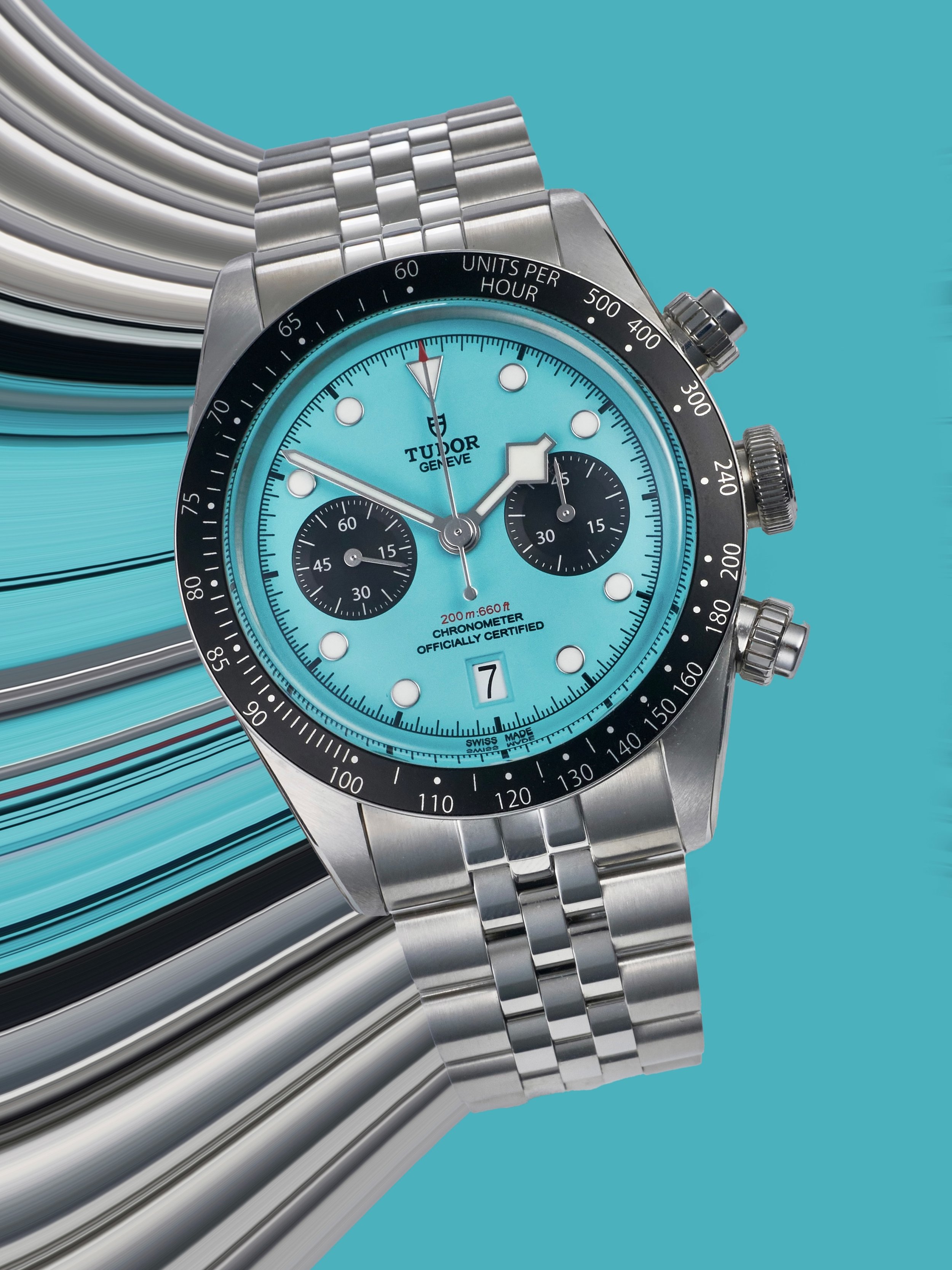 🦩🩵 That dial colour. Six months on the wrist and it still turns heads. Mark picked up the Tudor Black Bay Chrono Flamingo Blue in December and it&rsquo;s barely left his wrist since. Rich, aquamarine, feels like summer no matter the weather. 41mm o