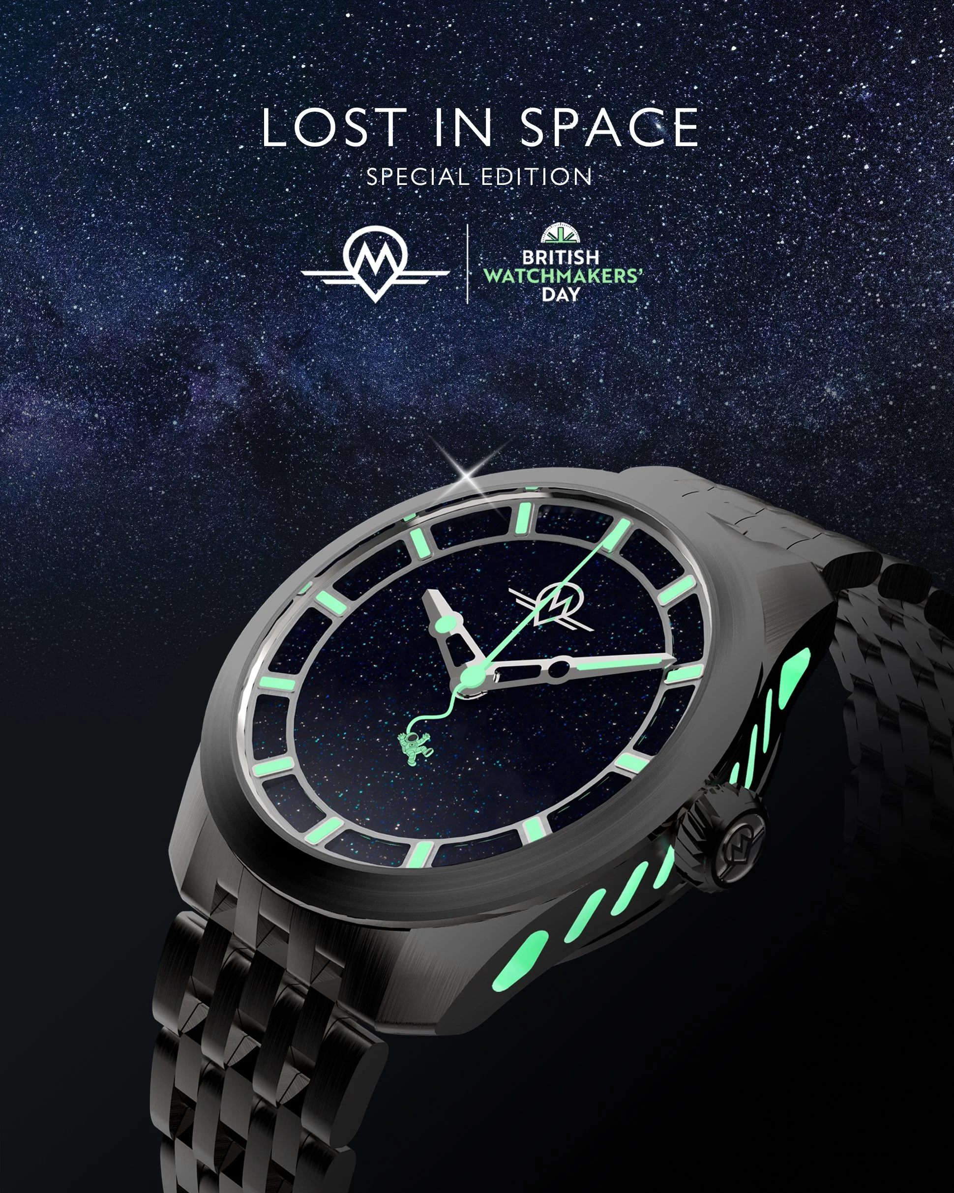 Alt text: Luna Adventure Lost in Space Special Edition watch with an aventurine starfield dial, luminous markers, and astronaut seconds hand, shown on a stainless steel bracelet against a cosmic background.