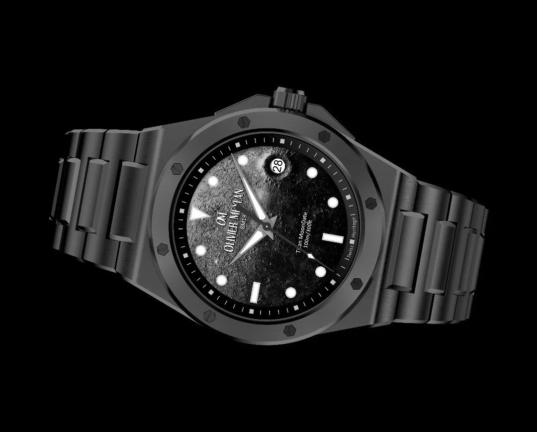 GM19 Titan MoonDate “Black Out” Edition watch in titanium, featuring a textured moon surface inspired black dial with luminous markers, date window, and matching titanium bracelet, shown against a black background.