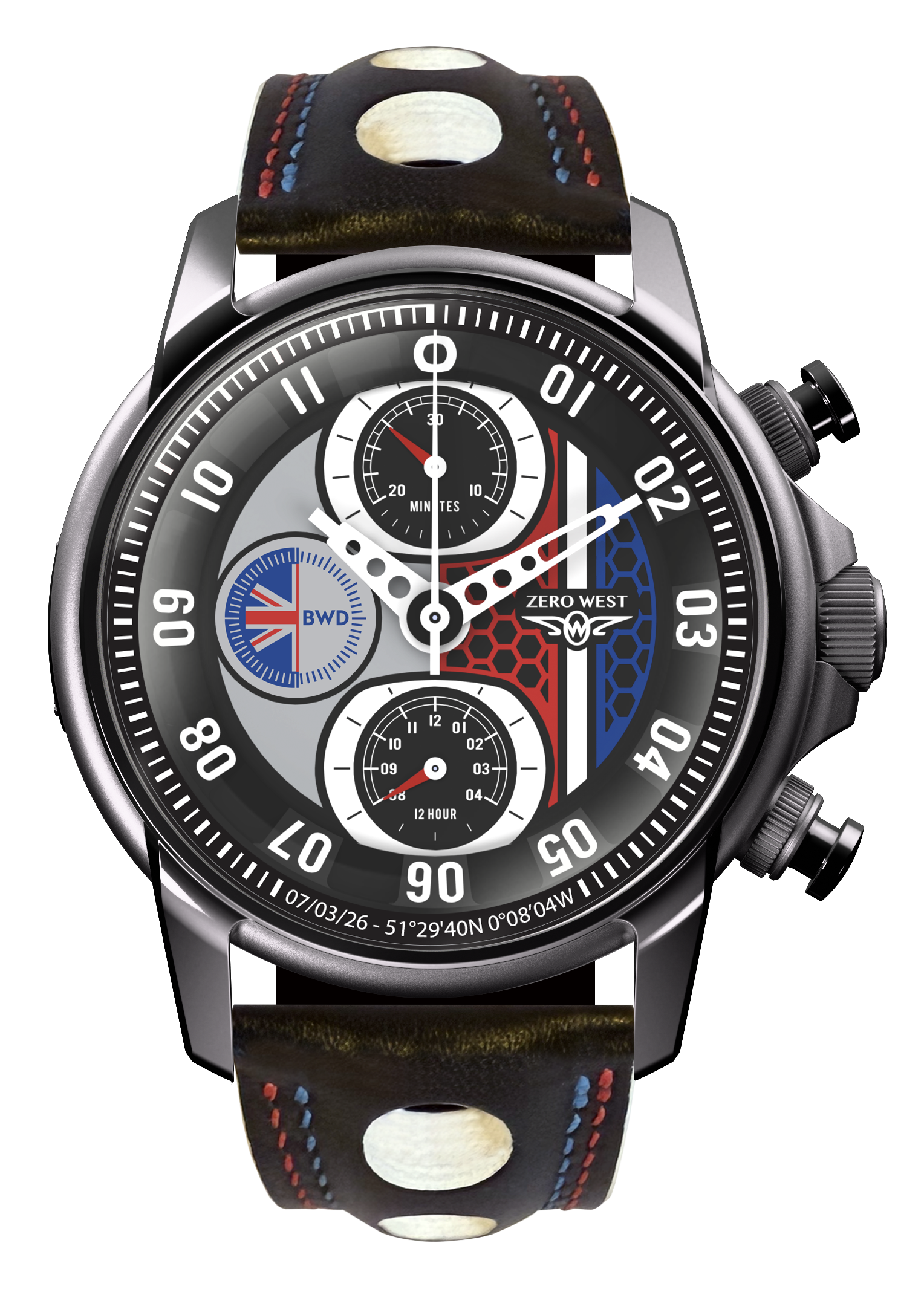 Zero West HO1 BWD Heritage Special chronograph with a 42mm stainless steel case, multi-colour dial featuring the British Watchmakers’ Day logo and London coordinates, and handmade leather racing strap with red and blue stitching.