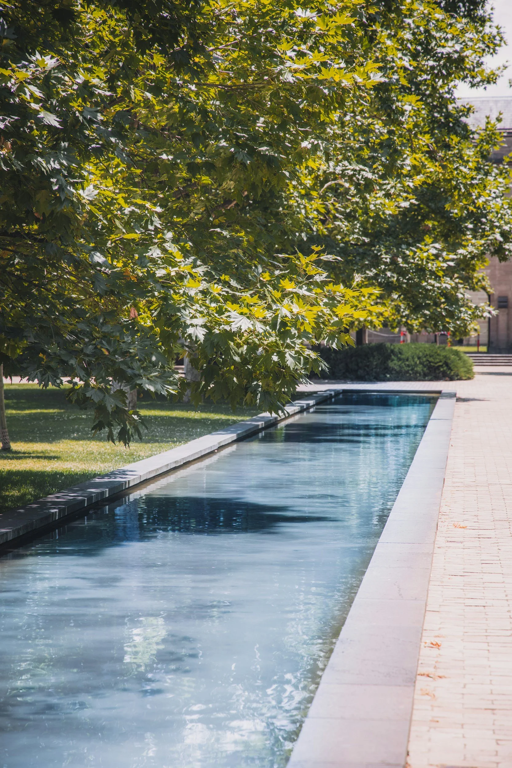 Tranquil scene of a long reflecting pool surrounded by green trees and grass next to a paved walkway.