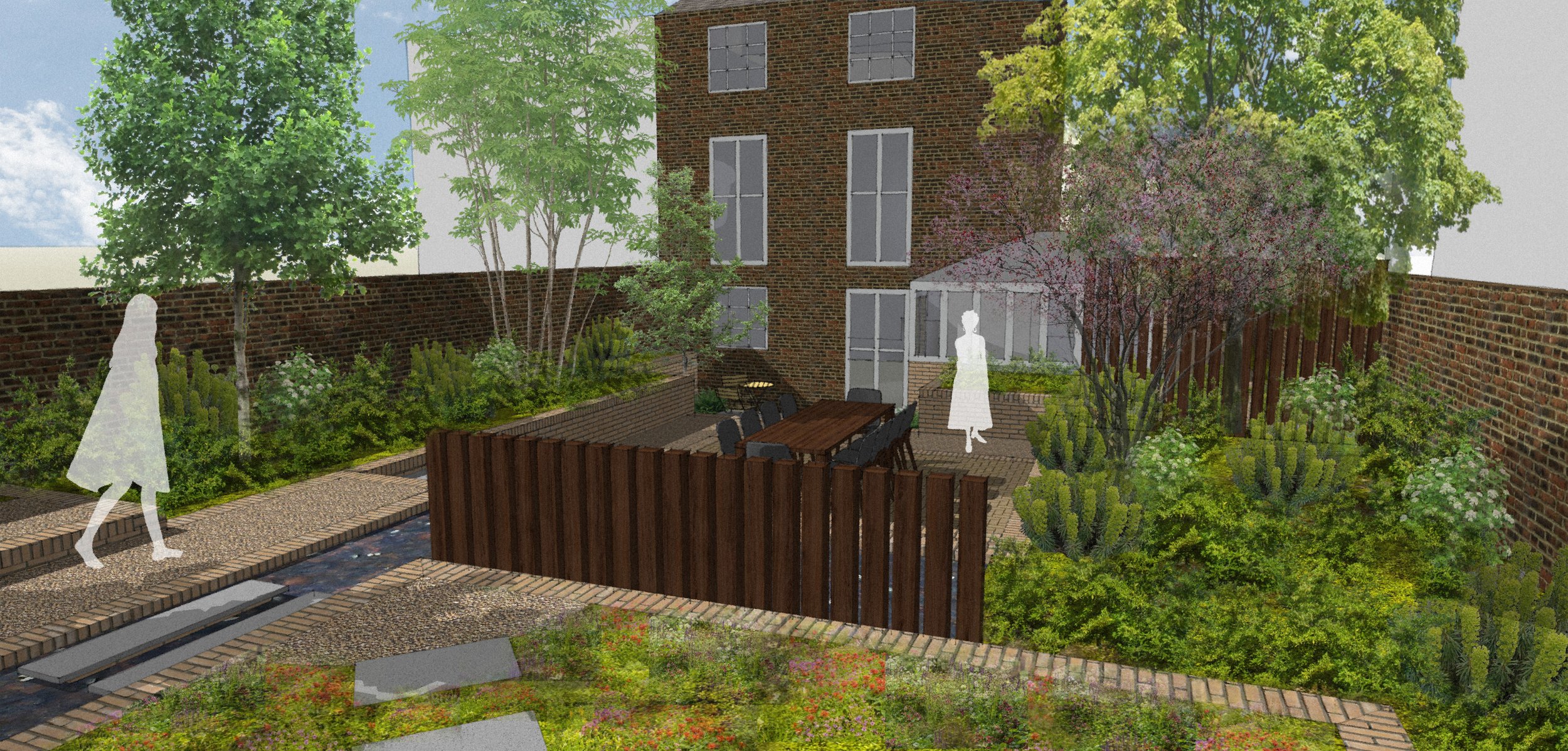 Digital rendering of a landscaped outdoor courtyard with lush plants, trees, and a brick building. There are pathways, a wooden fence, and outdoor seating, with silhouette figures of people walking and standing.