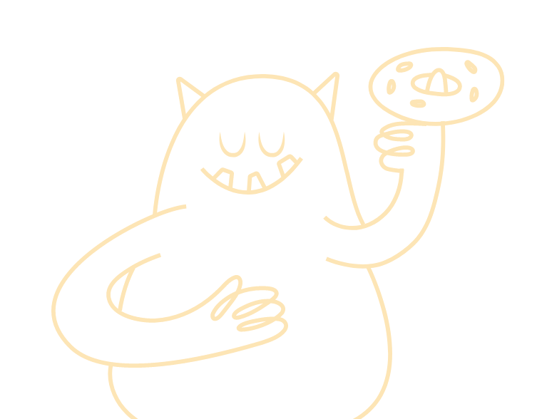 A line drawing of a friendly monster with horns, smiling with eyes closed, holding a lollipop in one hand and resting one arm on its belly.