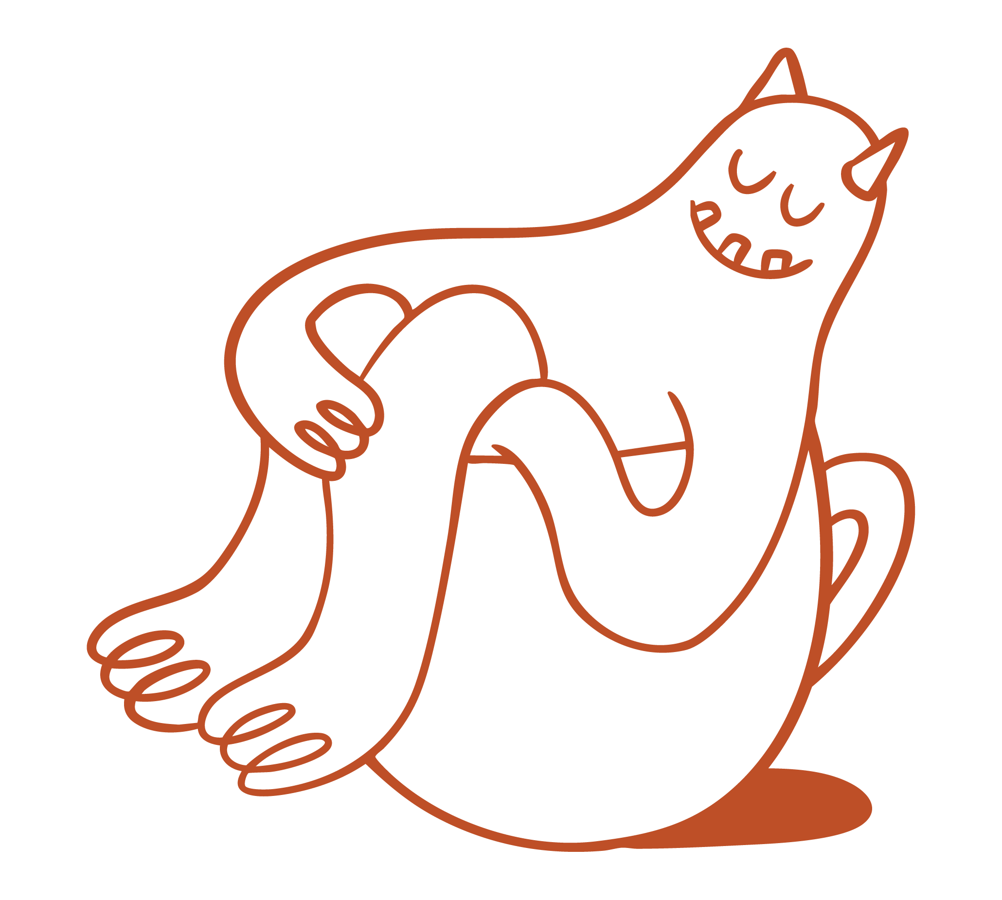 Minimalist line drawing of a happy cat with a curled tail, drawn with continuous orange lines on a black background.