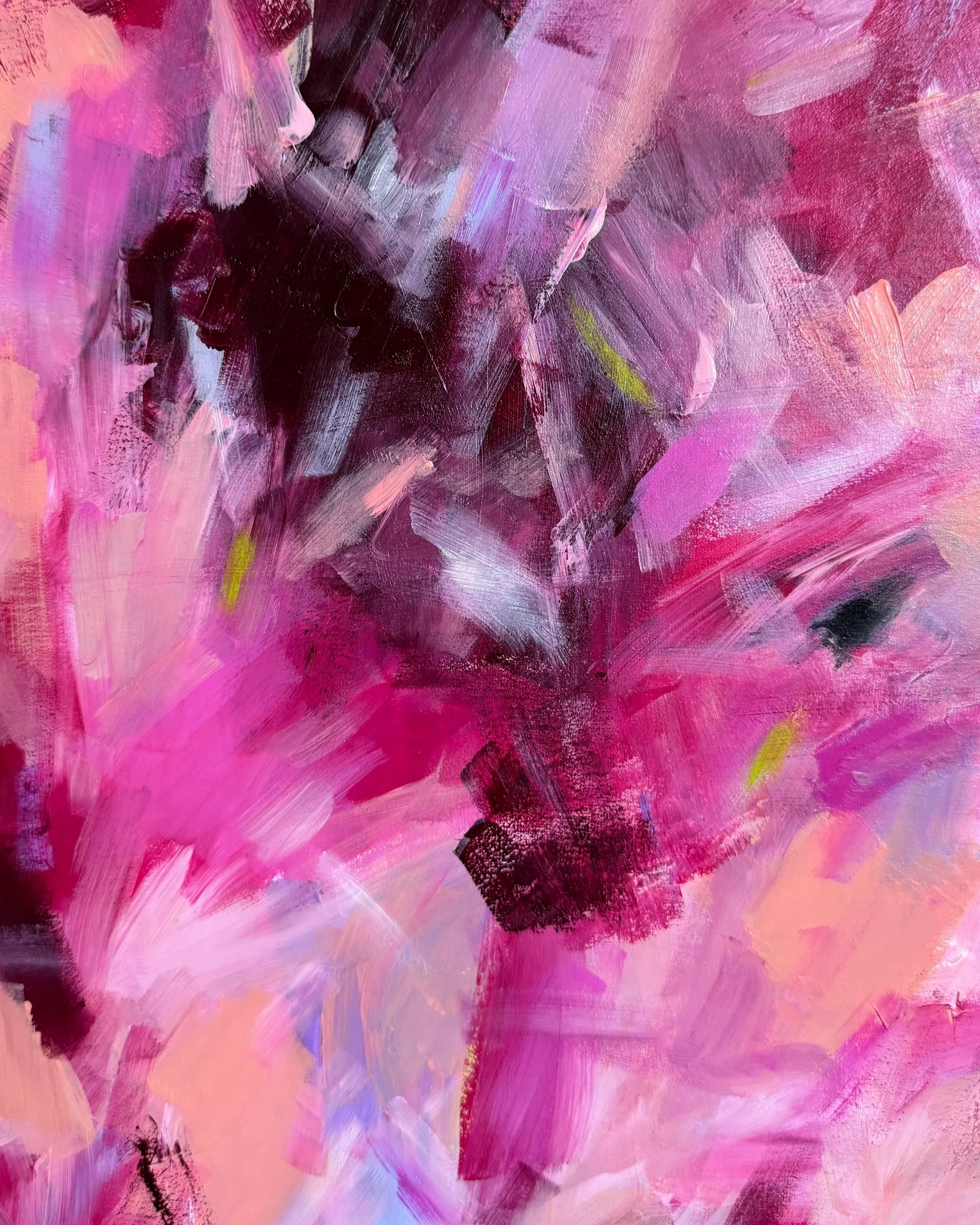Abstract painting with bold brush strokes in shades of pink, purple, black, with hints of green and white.