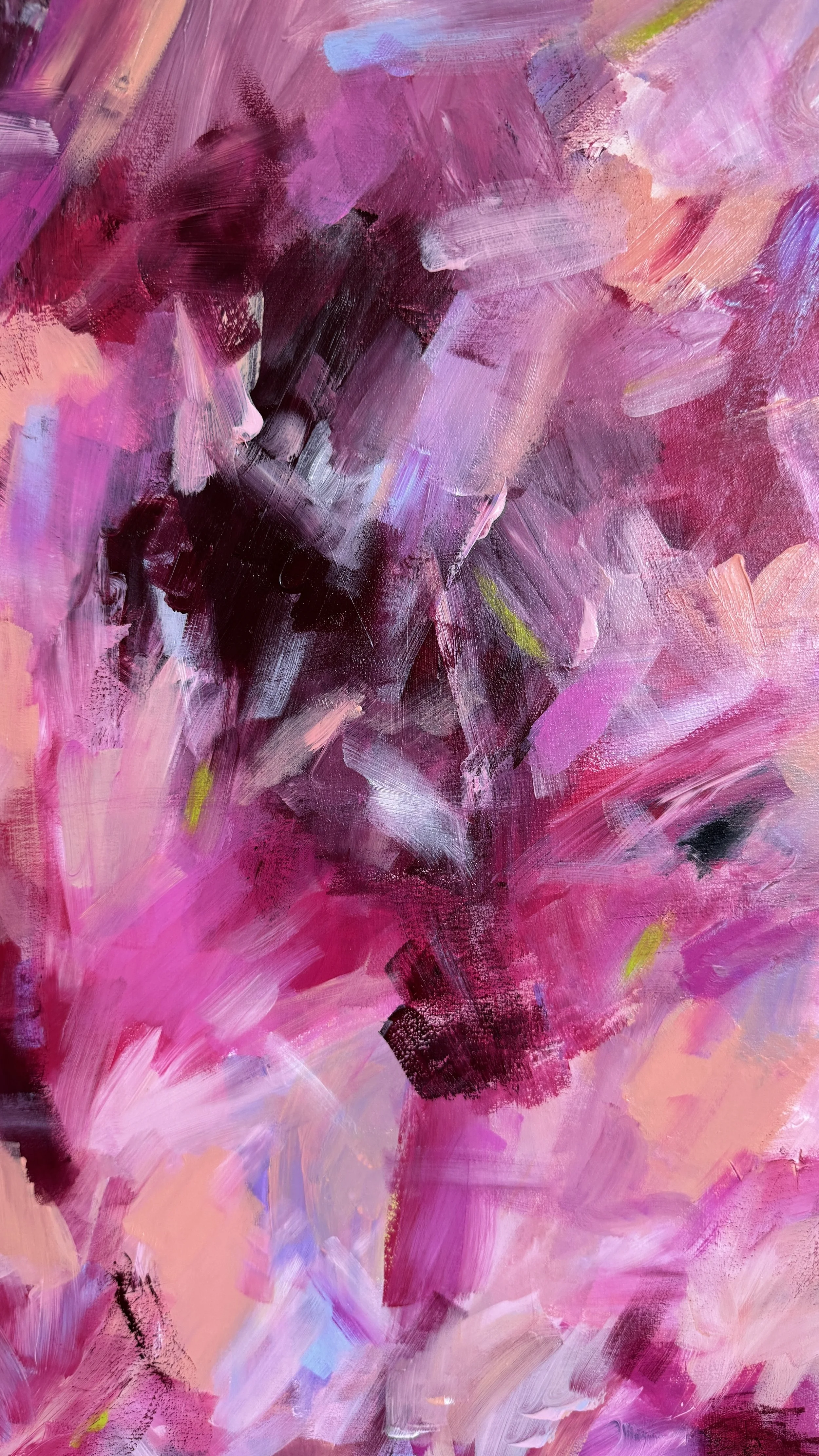 Abstract painting with pink, purple, black, white, and hints of green and blue brushstrokes.