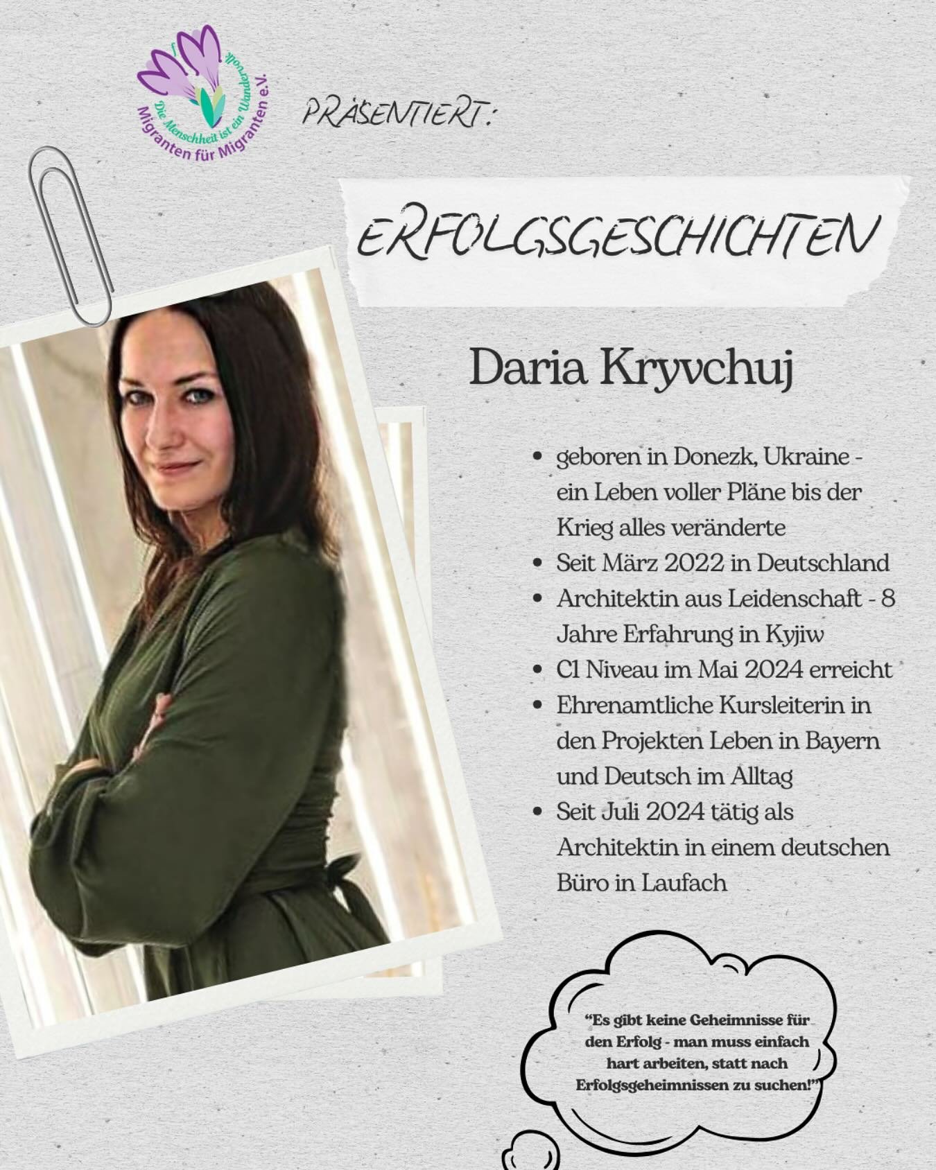 Wir d&uuml;rfen heute die Erfolgsgeschichte Daria Krychuj mit euch teilen! 

Daria ist im M&auml;rz 2022 aufgrund des Krieges aus der Ukraine nach Deutschland geflohen. Sie war eine der ersten Teilnehmer*innen unserer &bdquo;T&uuml;r-&Ouml;ffner &nda