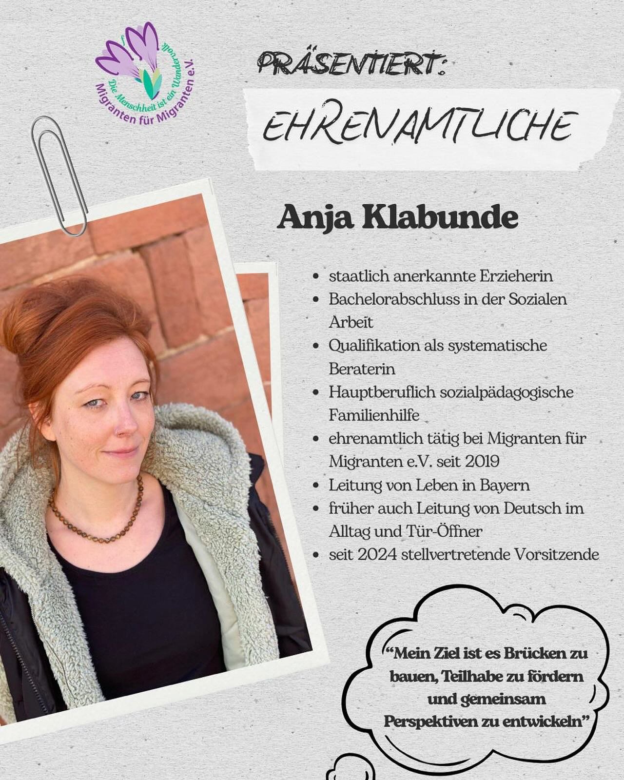 ✨ Ehrenamt im Fokus: Anja Klabunde ✨
Anja engagiert sich seit 2019 mit viel Herzblut bei Migranten f&uuml;r Migranten e.V. &ndash; und ist seit 2024 unsere stellvertretende Vorsitzende 💜

Als staatlich anerkannte Erzieherin, Sozialarbeiterin und sys