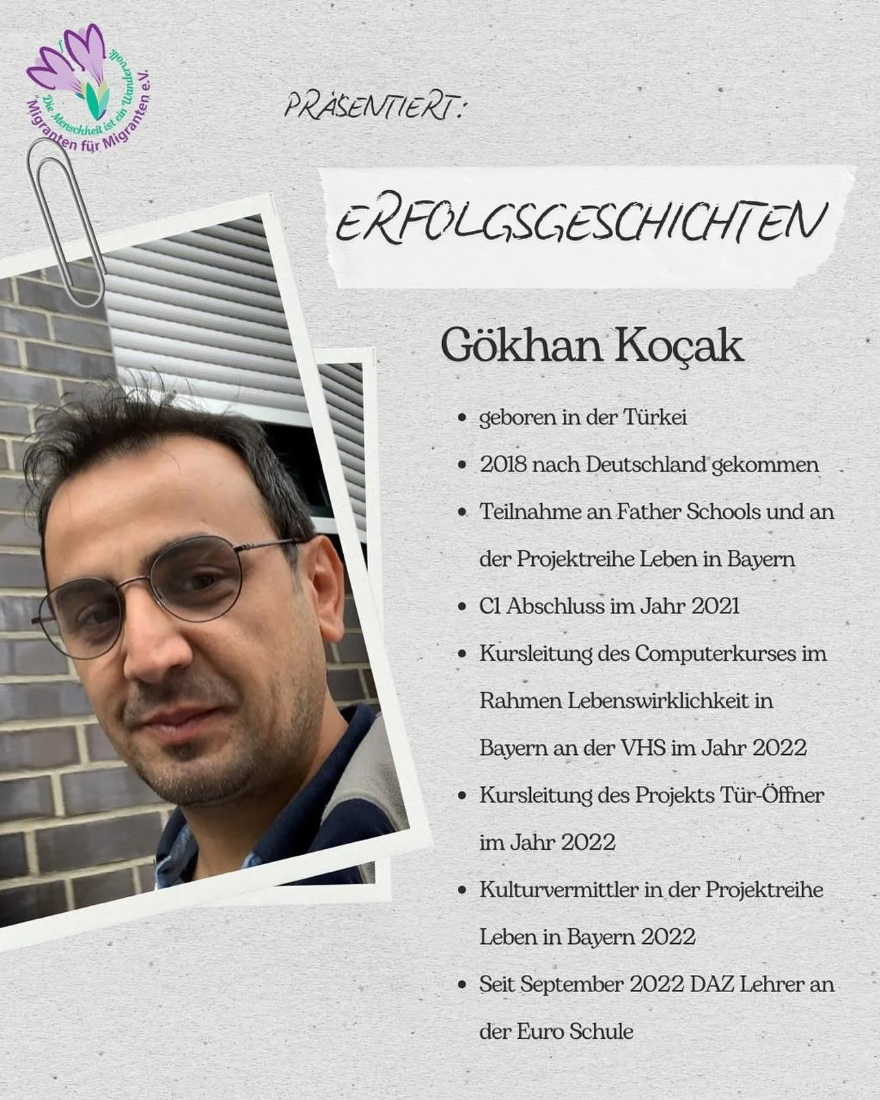 ✨ Erfolgsgeschichten &ndash; G&ouml;khan Ko&ccedil;ak ✨
G&ouml;khan ist ein echtes Beispiel daf&uuml;r, wie Integration durch Engagement und Bildung gelingen kann.

📍 2018 kam er aus der T&uuml;rkei nach Deutschland &ndash; und hat seitdem unglaubli