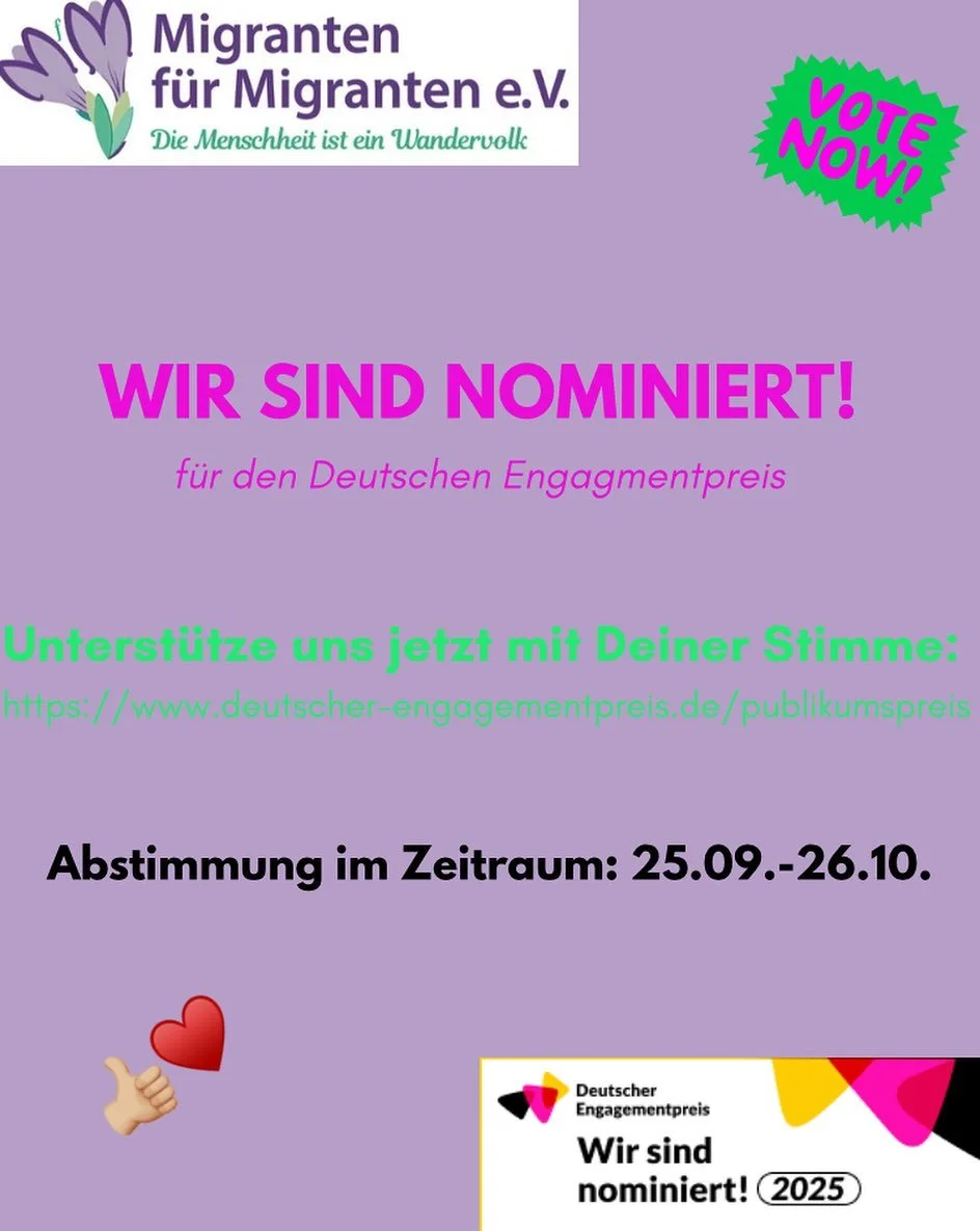 🌟 Wir brauchen eure Stimme! 🌟
Unser Projekt ist für den Publikumspreis des Deutschen Engagementpreises 2025 nominiert! 🎉
Auch wenn wir dieses Mal nicht von der Jury ausgezeichnet wurden, haben wir weiterhin die Chance, mit dem Publikumspreis