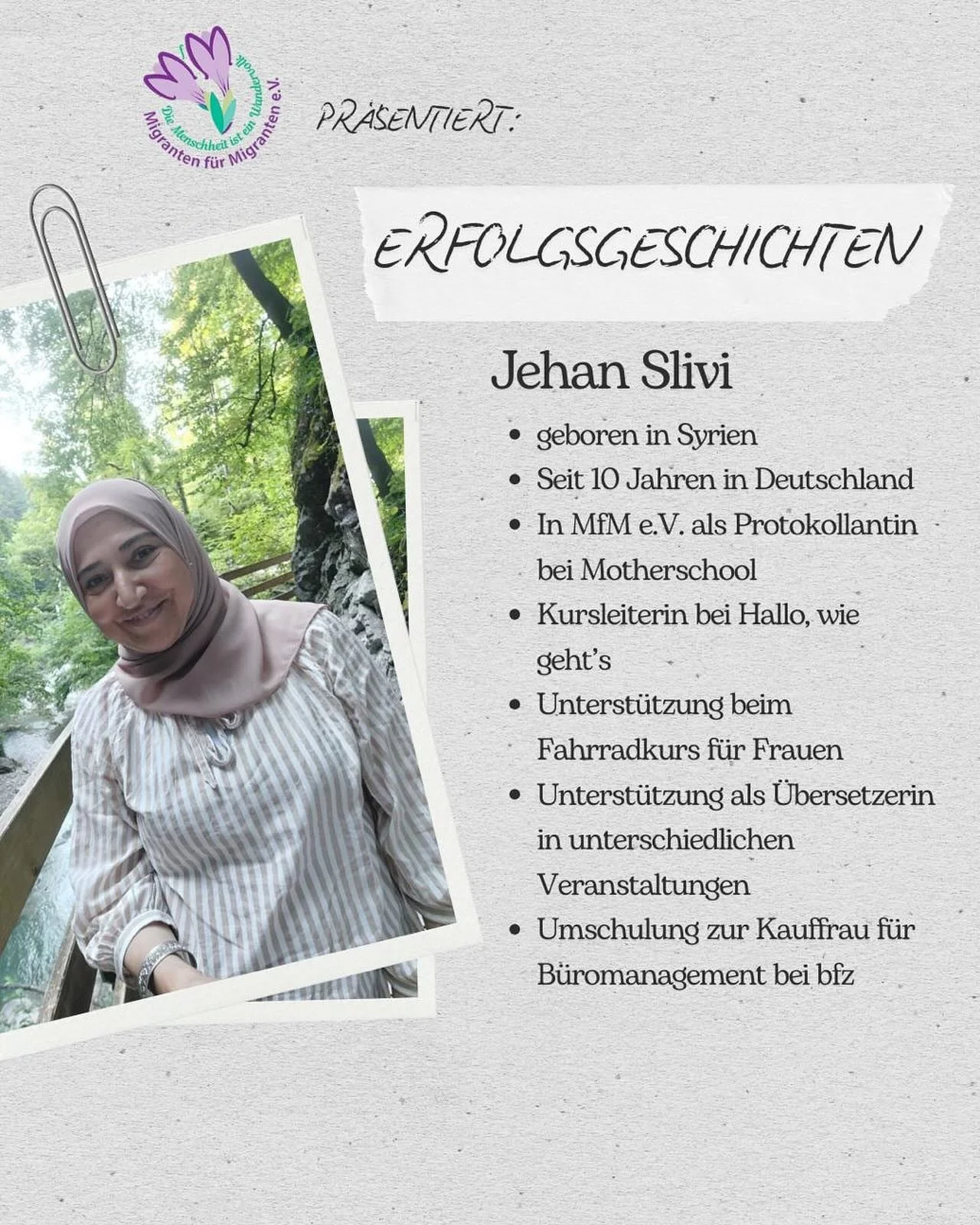 Von Syrien nach Deutschland - und mit ganz viel Herz mitten ins Team von Migranten für Migranten e.V. 💜
Jehan Slivi begleitet Projekte, übersetzt und unterstützt Frauen und bildet sich gleichzeitig weiter. Ihre Geschichte inspiriert-