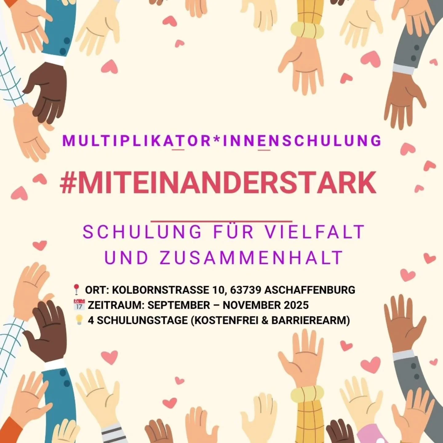 📣 Schulungstag im Projekt #miteinanderstark 💪

Am 15. November findet von 10:00 bis 17:00 Uhr unsere n&auml;chste Schulungseinheit statt!
Diesmal mit spannenden Themen:
✨ Empowerment
✨ Umgang mit schwierigen Situationen
✨ St&auml;rkung des Selbstbe